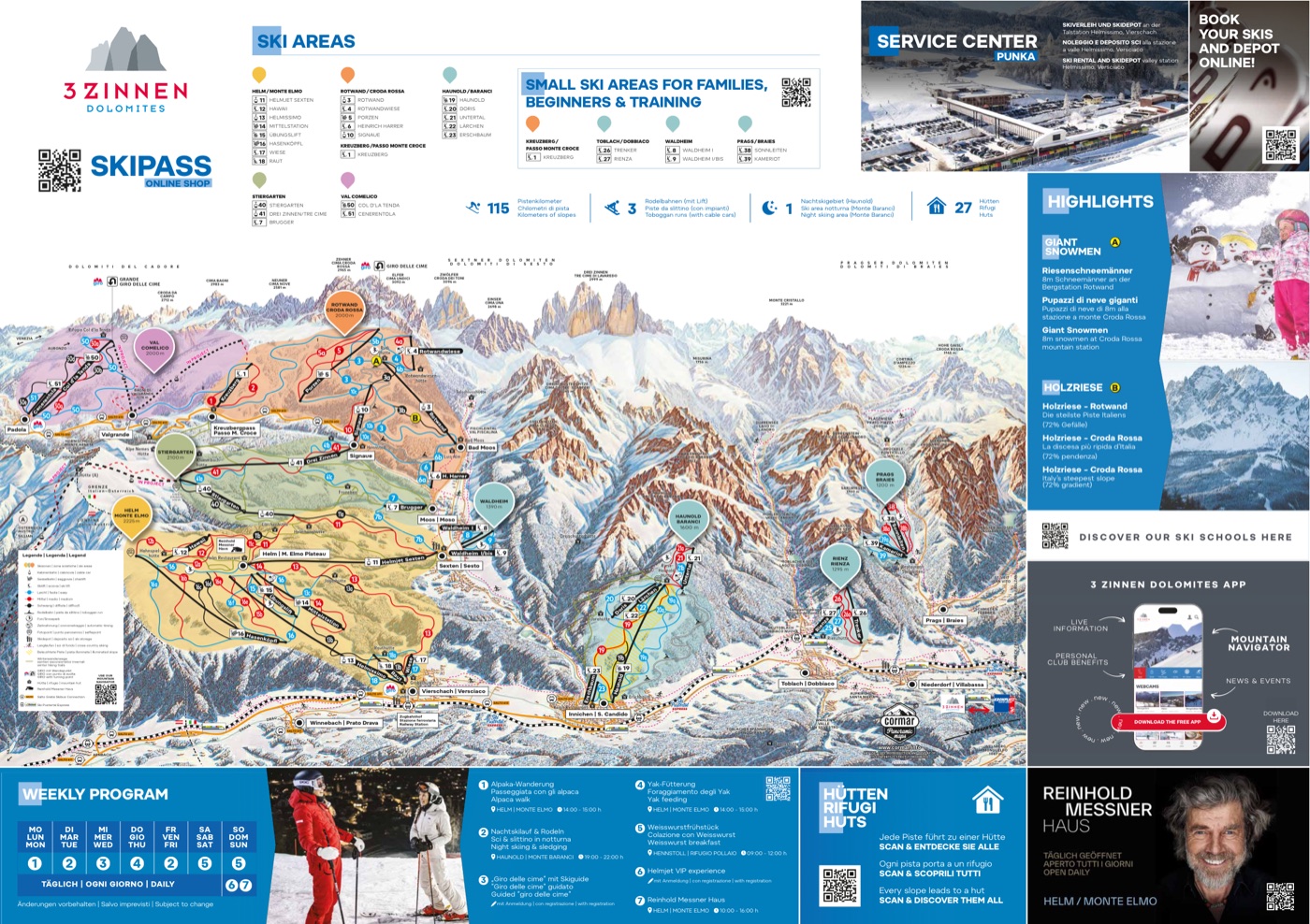 Official piste map for 3 Zinnen Dolomites, showing lifts, runs graded easy, intermediate and difficult, and mountain restaurants across the ski area.