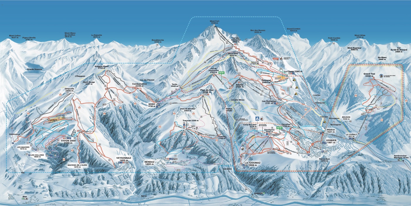 Official piste map for 4 Vallées (Verbier), showing lifts, runs graded easy, intermediate and difficult, and mountain restaurants across the ski area.