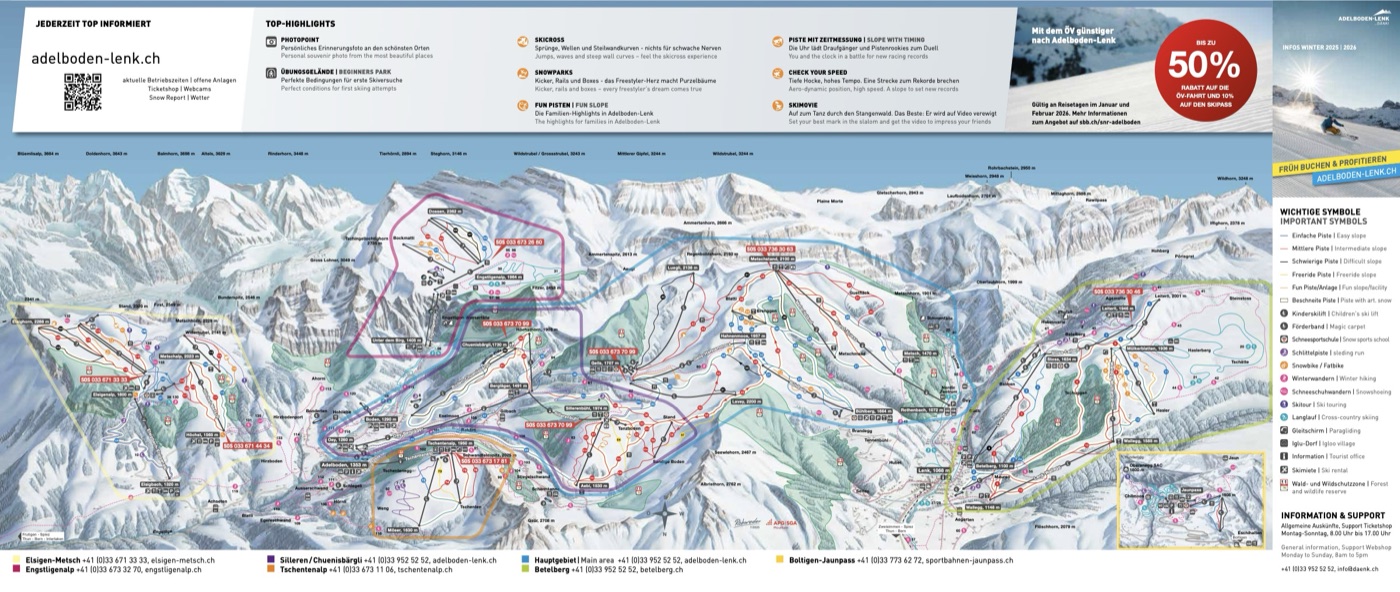 Official piste map for Adelboden-Lenk, showing lifts, runs graded easy, intermediate and difficult, and mountain restaurants across the ski area.