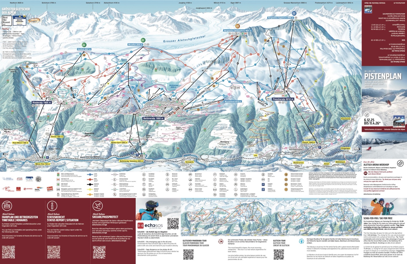 Official piste map for Aletsch Arena, showing lifts, runs graded easy, intermediate and difficult, and mountain restaurants across the ski area.