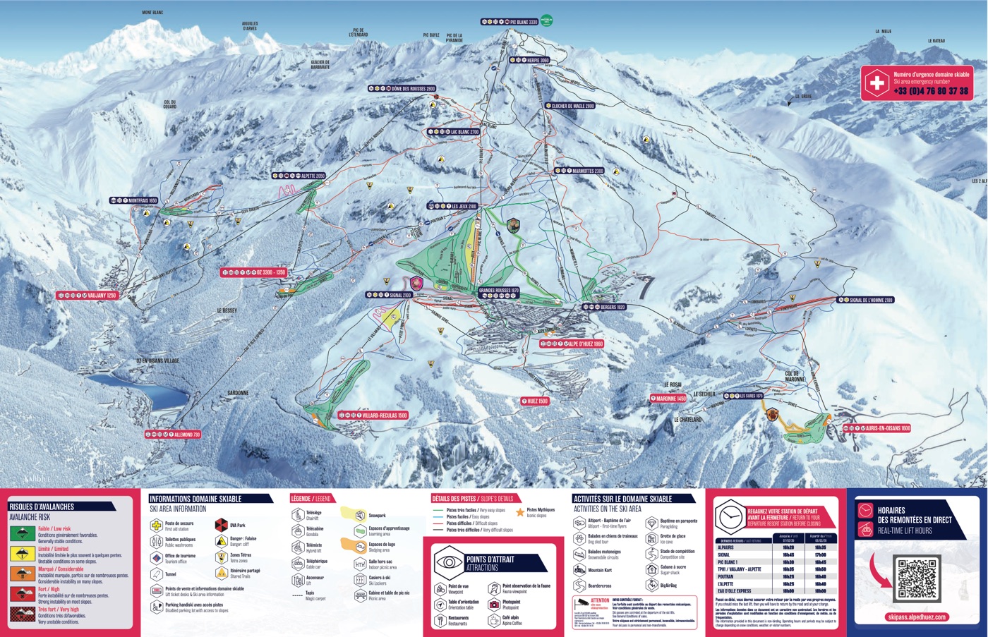 Official piste map for Alpe d'Huez, showing lifts, runs graded easy, intermediate and difficult, and mountain restaurants across the ski area.