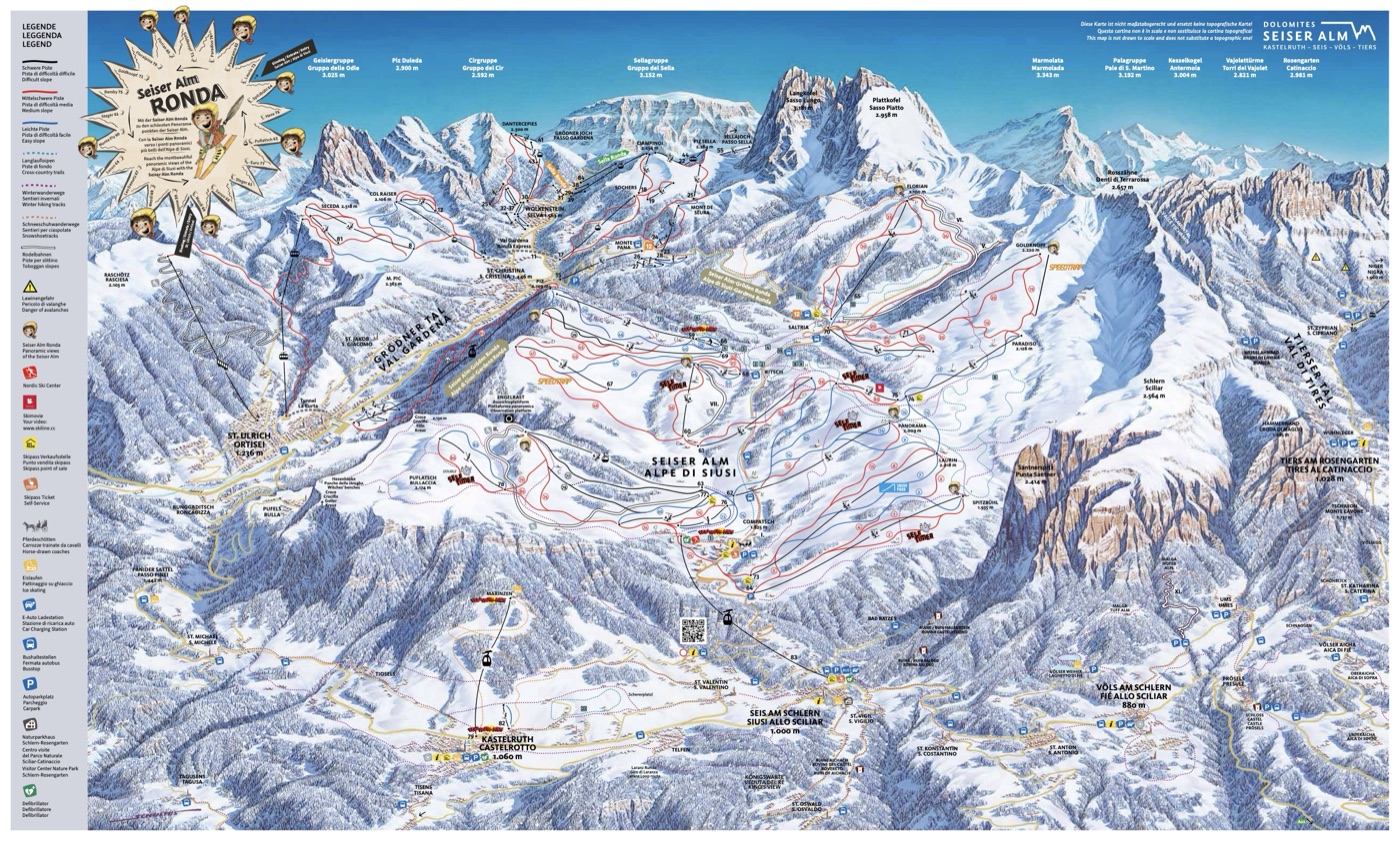 Official piste map for Alpe di Siusi, showing lifts, runs graded easy, intermediate and difficult, and mountain restaurants across the ski area.