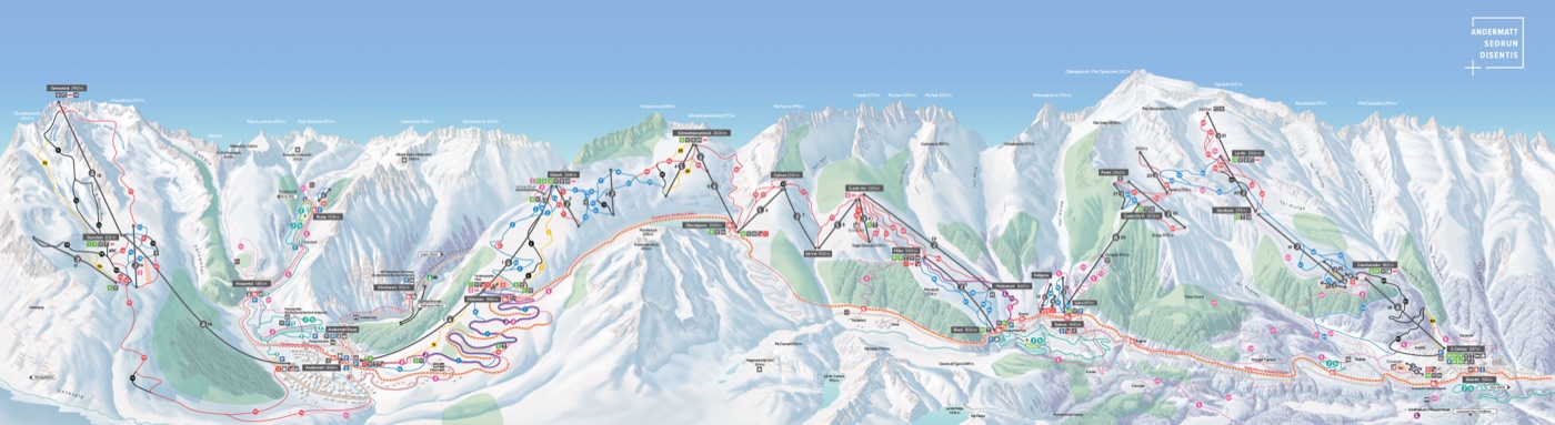 Official piste map for Andermatt–Sedrun, showing lifts, runs graded easy, intermediate and difficult, and mountain restaurants across the ski area.