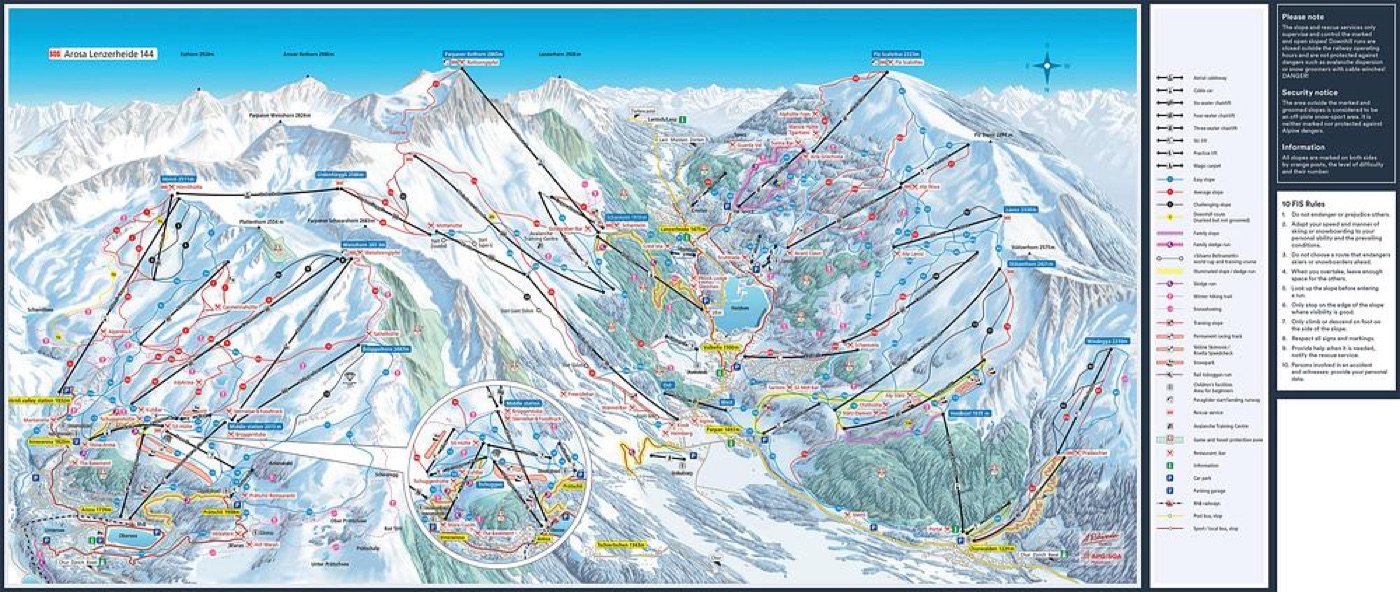 Official piste map for Arosa Lenzerheide, showing lifts, runs graded easy, intermediate and difficult, and mountain restaurants across the ski area.