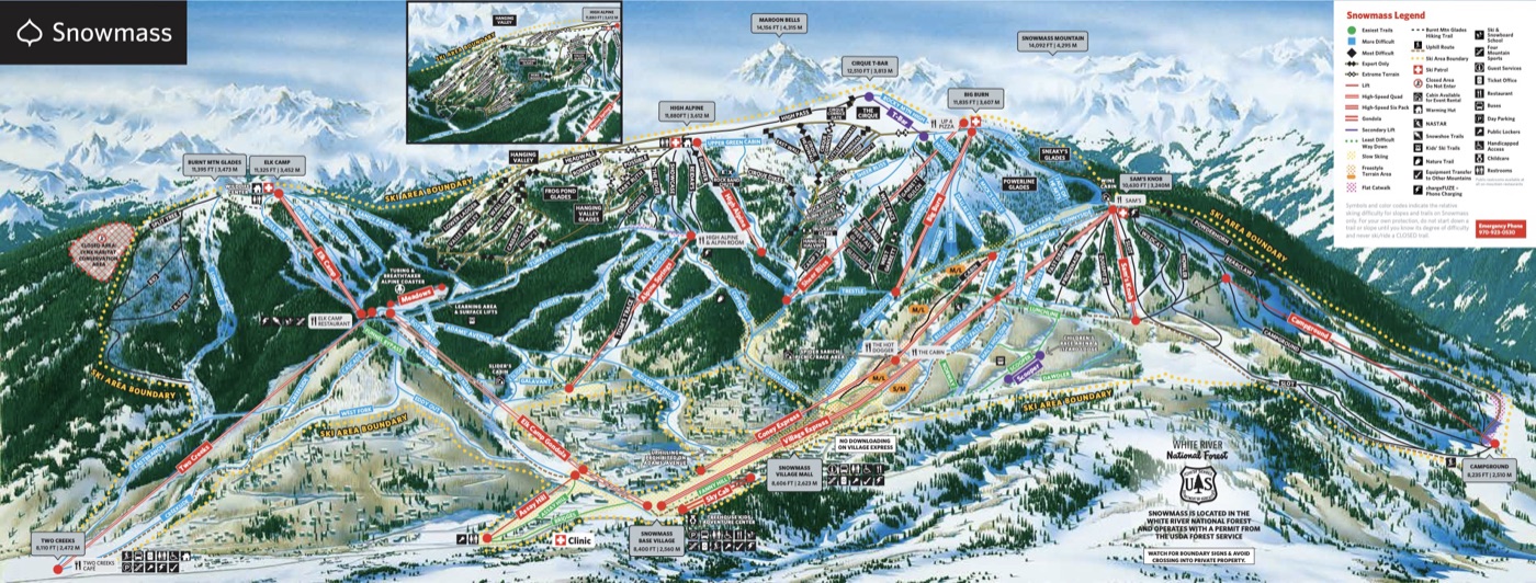 Official piste map for Aspen Snowmass, showing lifts, runs graded easy, intermediate and difficult, and mountain restaurants across the ski area.