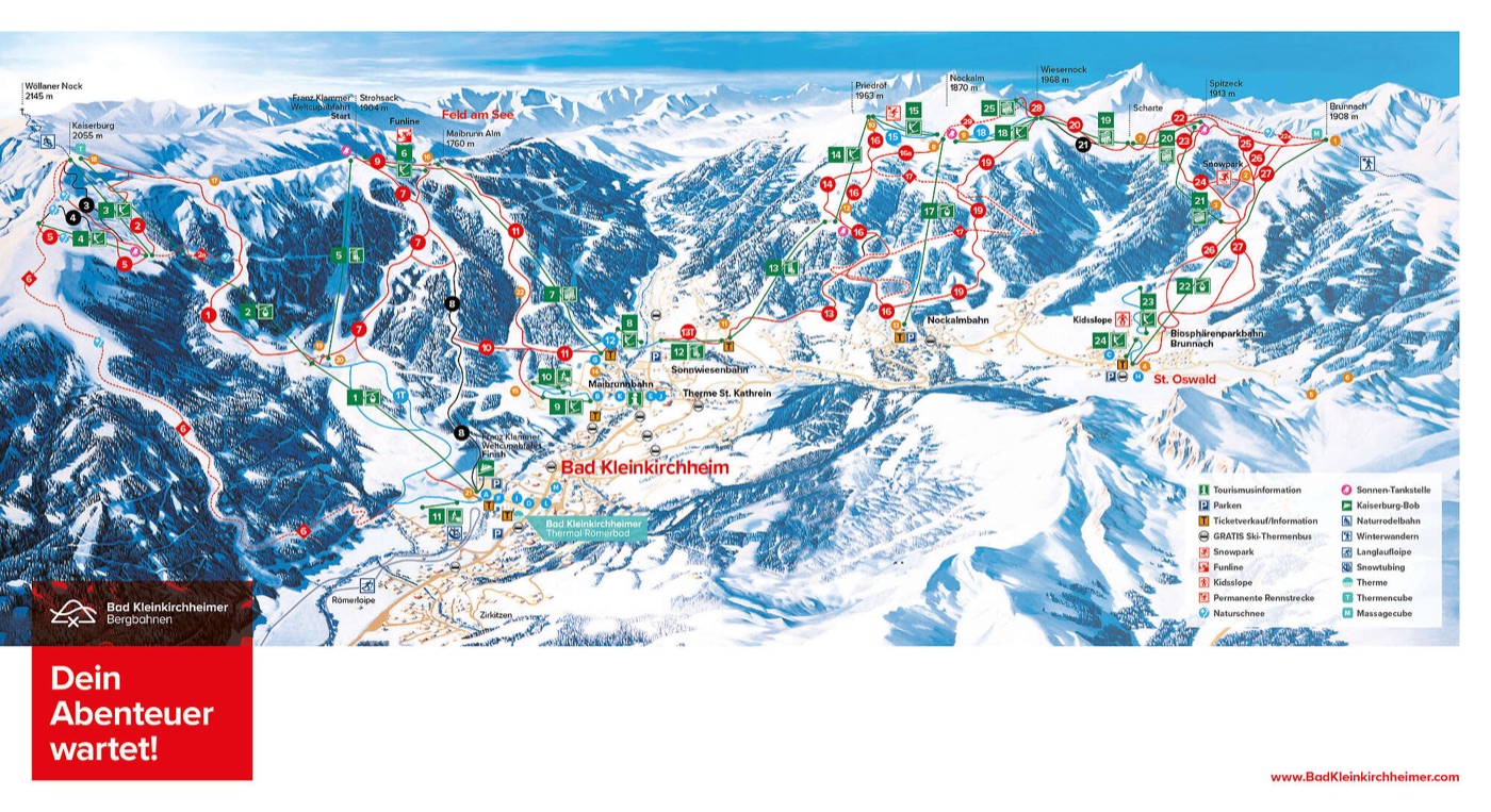 Official piste map for Bad Kleinkirchheim, showing lifts, runs graded easy, intermediate and difficult, and mountain restaurants across the ski area.