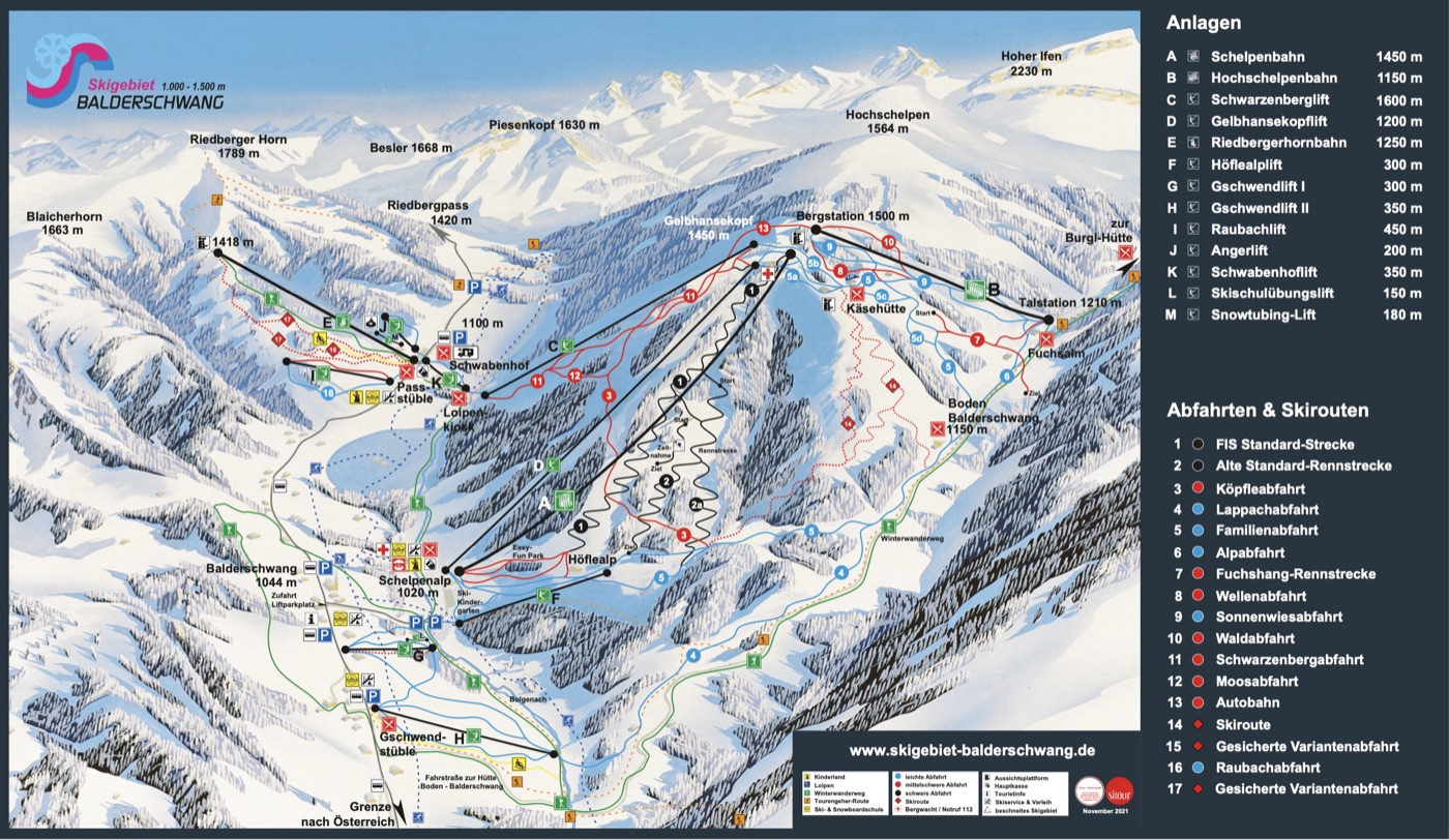 Official piste map for Balderschwang, showing lifts, runs graded easy, intermediate and difficult, and mountain restaurants across the ski area.