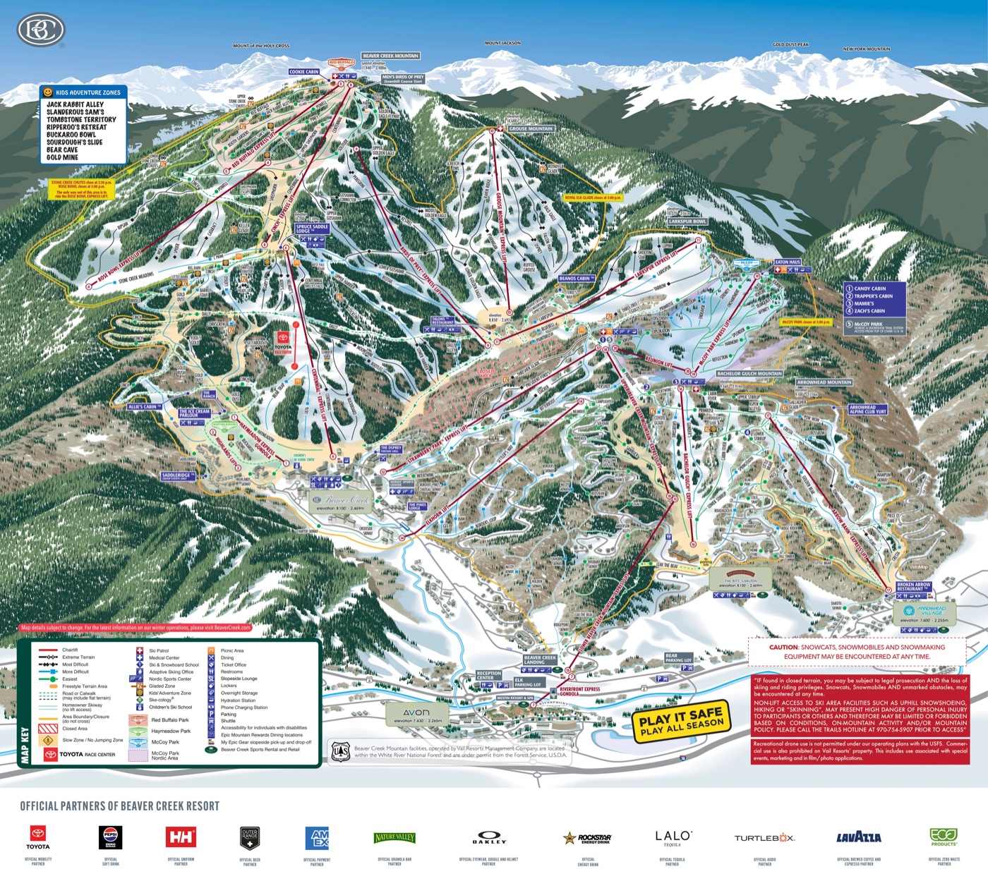 Official piste map for Beaver Creek, showing lifts, runs graded easy, intermediate and difficult, and mountain restaurants across the ski area.