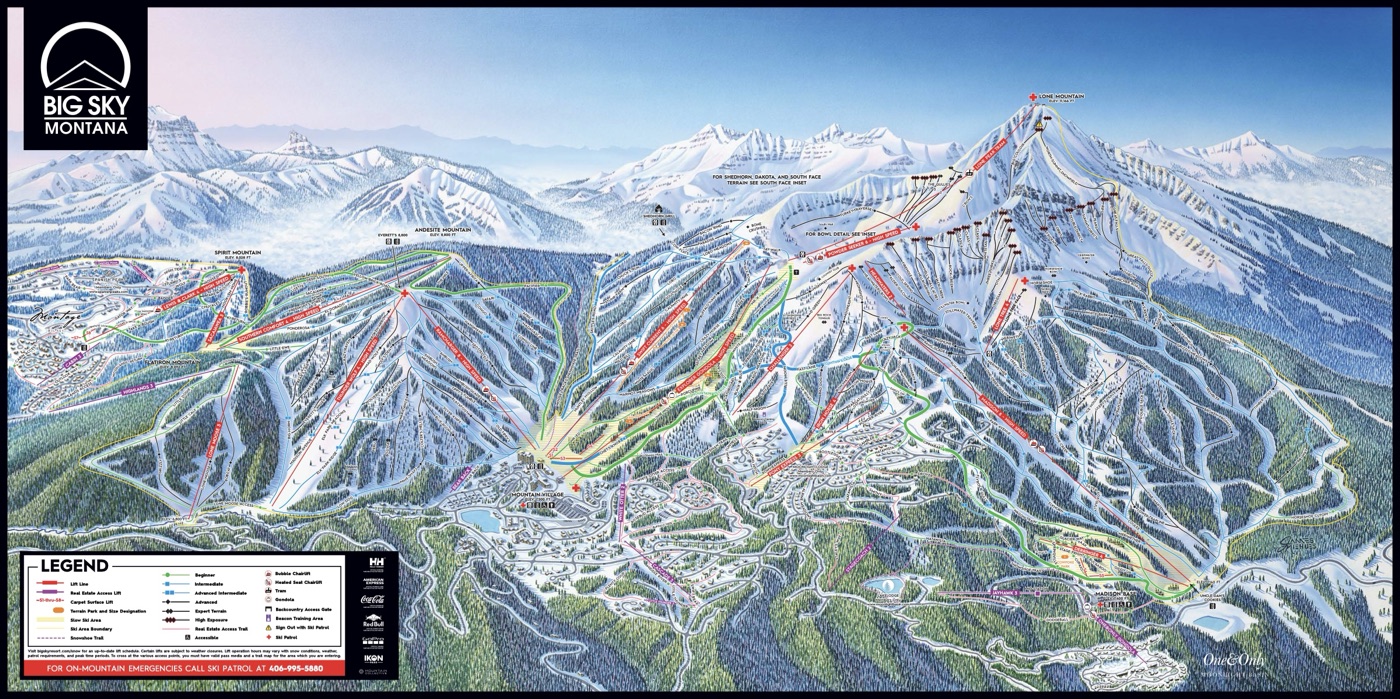 Official piste map for Big Sky Resort, showing lifts, runs graded easy, intermediate and difficult, and mountain restaurants across the ski area.