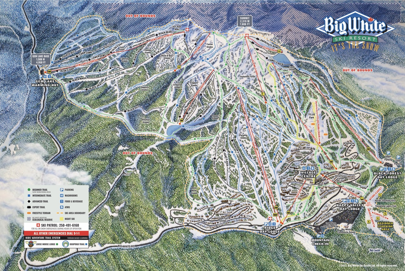Official piste map for Big White, showing lifts, runs graded easy, intermediate and difficult, and mountain restaurants across the ski area.