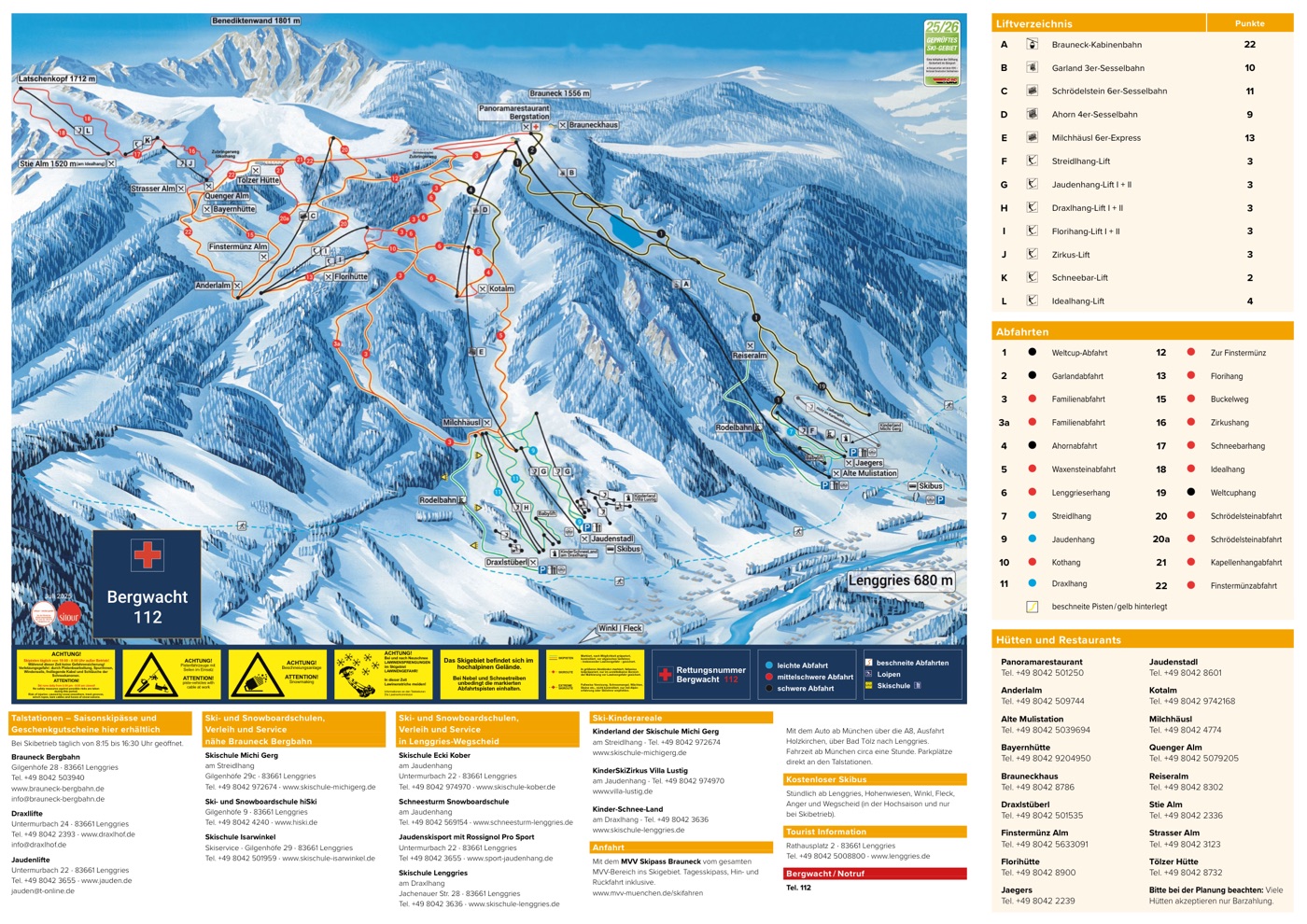 Official piste map for Brauneck, showing lifts, runs graded easy, intermediate and difficult, and mountain restaurants across the ski area.