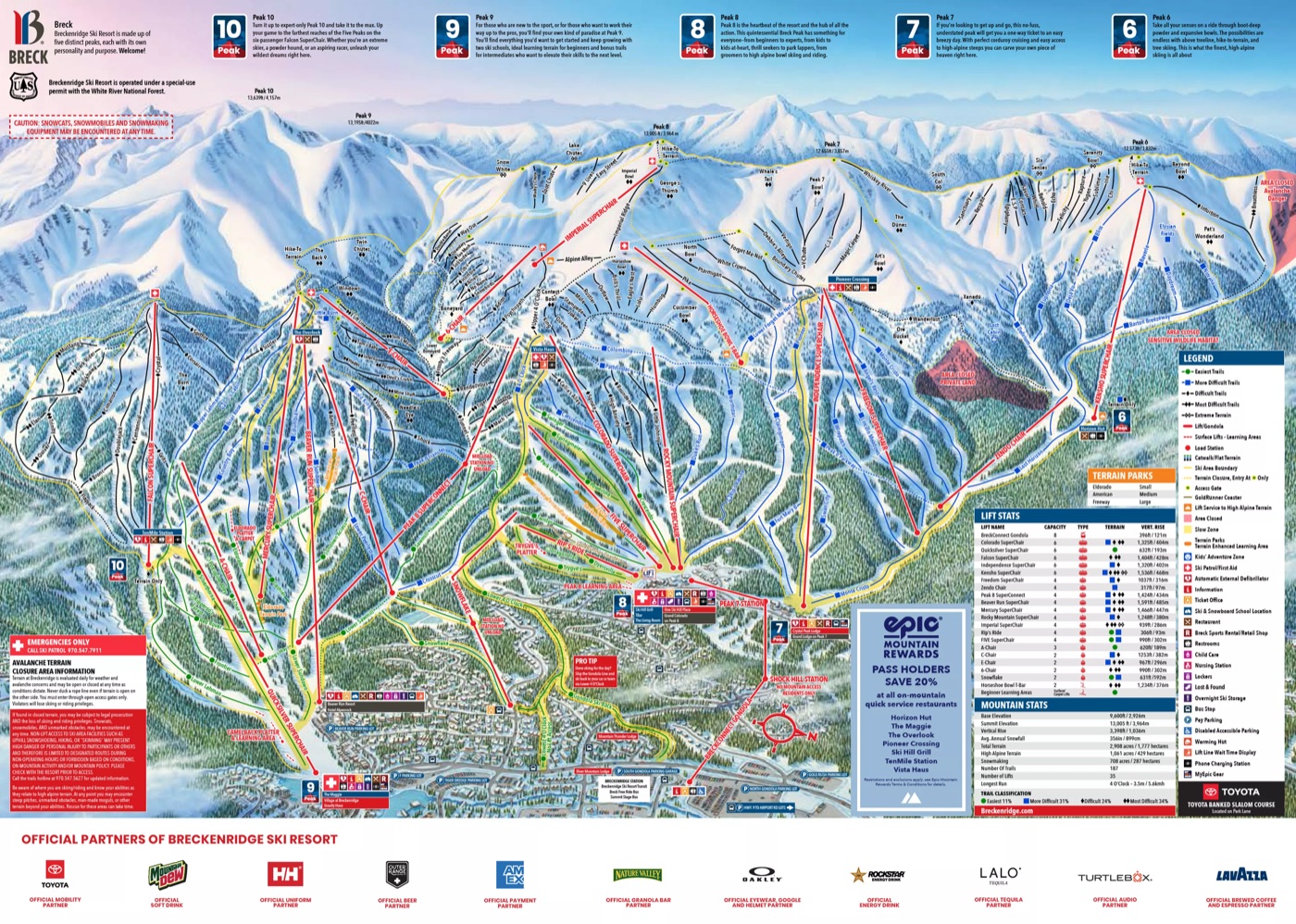 Official piste map for Breckenridge, showing lifts, runs graded easy, intermediate and difficult, and mountain restaurants across the ski area.