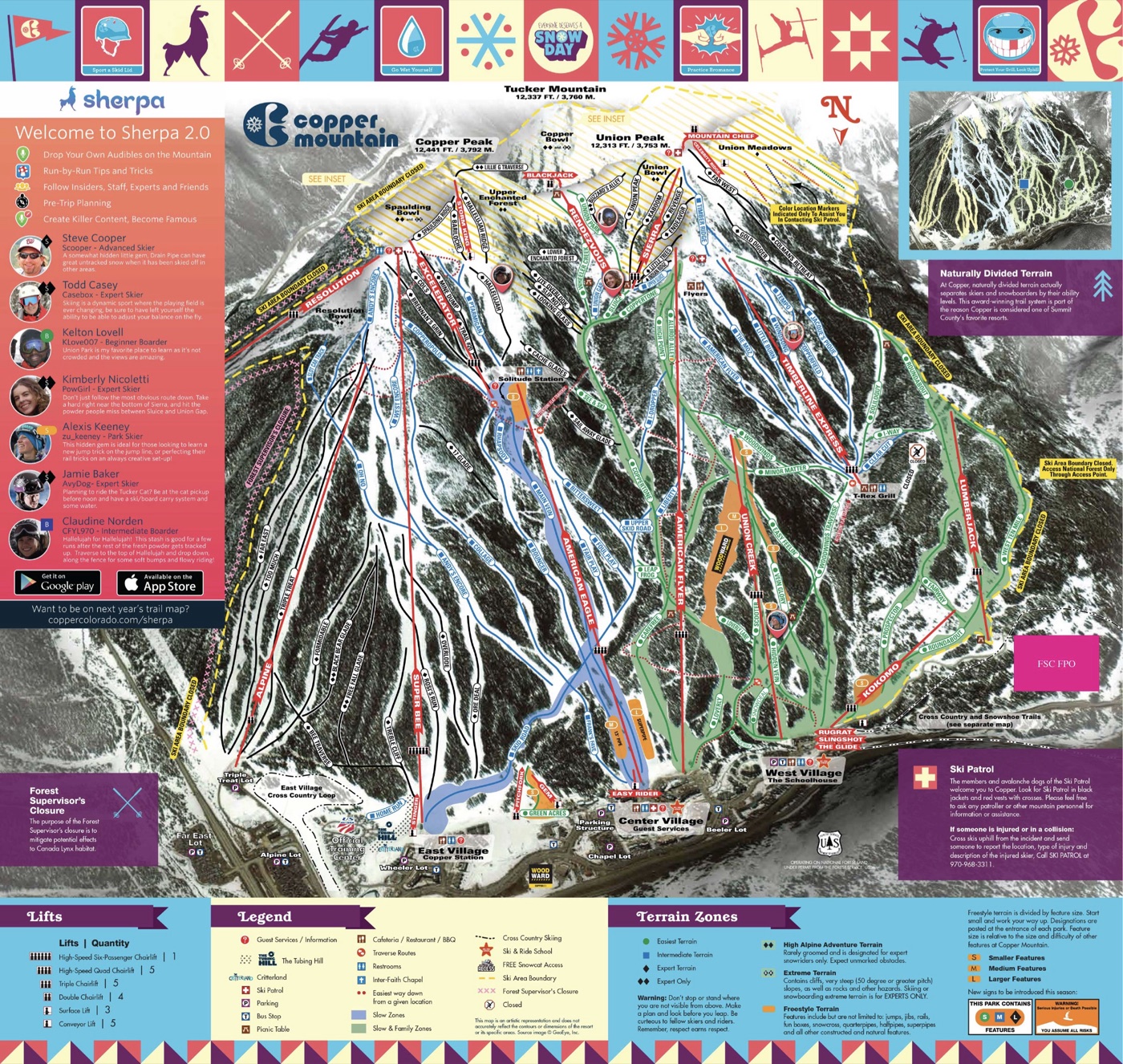Official piste map for Copper Mountain, showing lifts, runs graded easy, intermediate and difficult, and mountain restaurants across the ski area.
