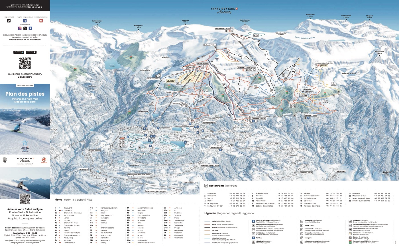 Official piste map for Crans-Montana, showing lifts, runs graded easy, intermediate and difficult, and mountain restaurants across the ski area.
