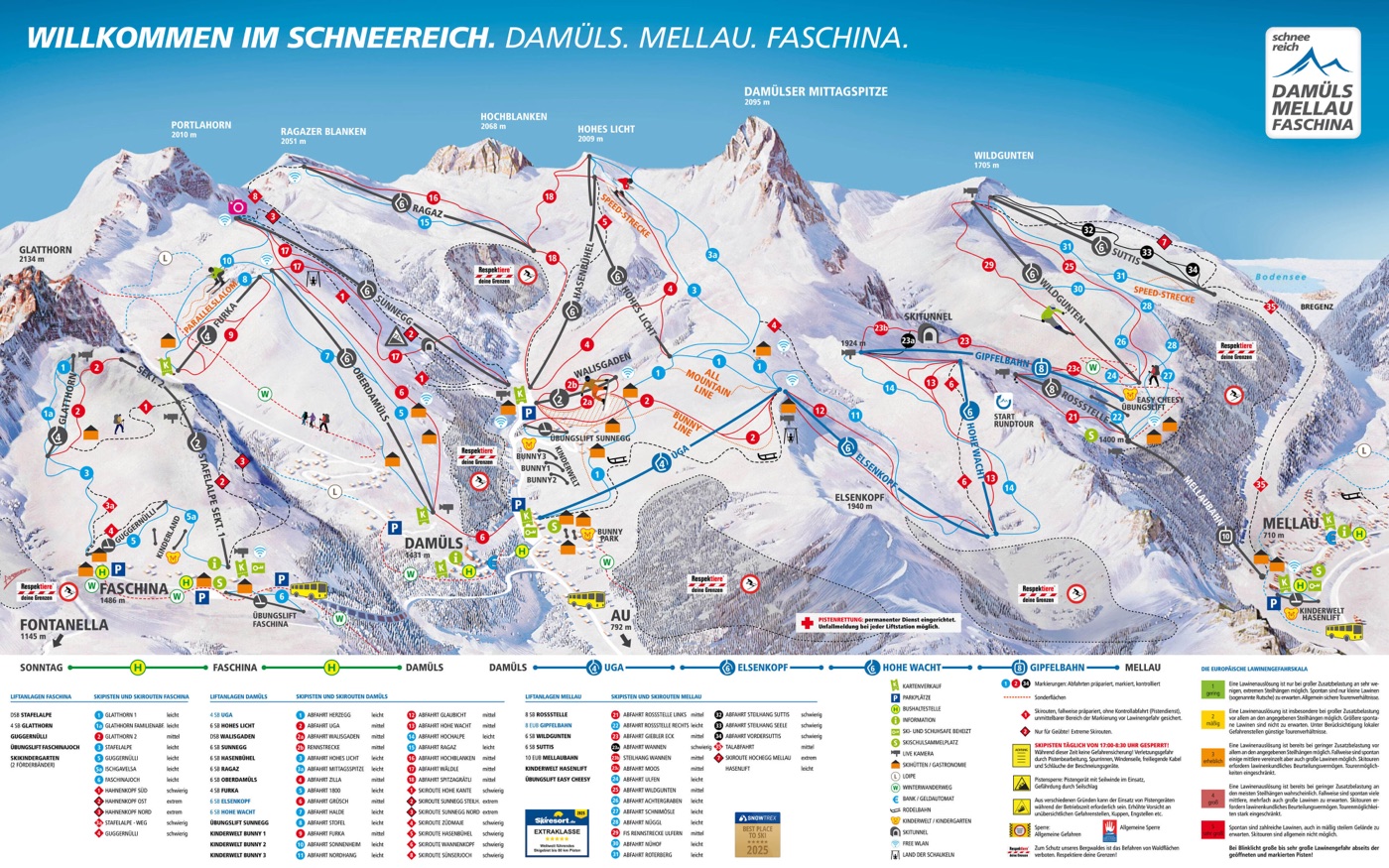 Official piste map for Damüls-Mellau, showing lifts, runs graded easy, intermediate and difficult, and mountain restaurants across the ski area.