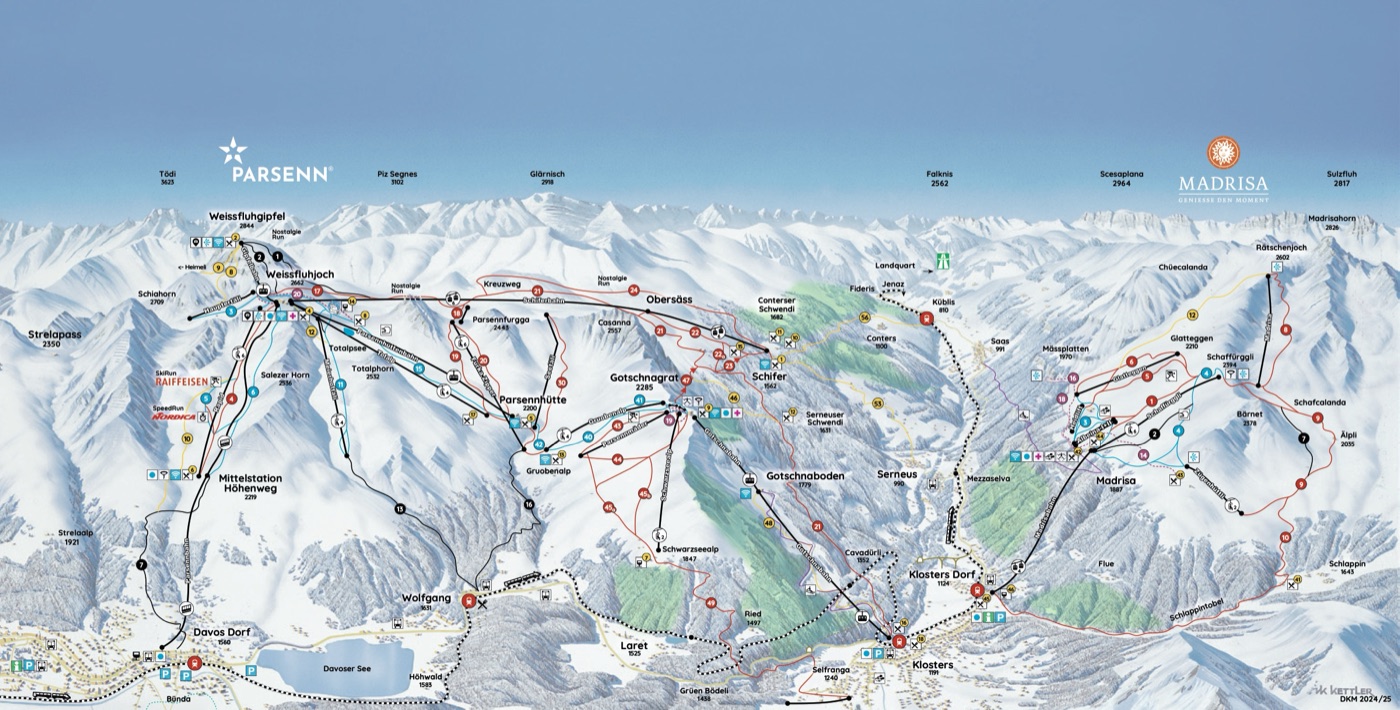 Official piste map for Davos Klosters (Parsenn), showing lifts, runs graded easy, intermediate and difficult, and mountain restaurants across the ski area.