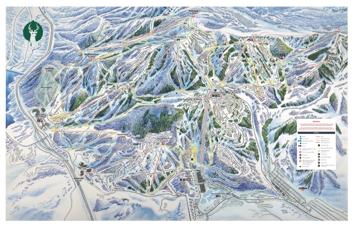 Official piste map for Deer Valley, showing lifts, runs graded easy, intermediate and difficult, and mountain restaurants across the ski area.