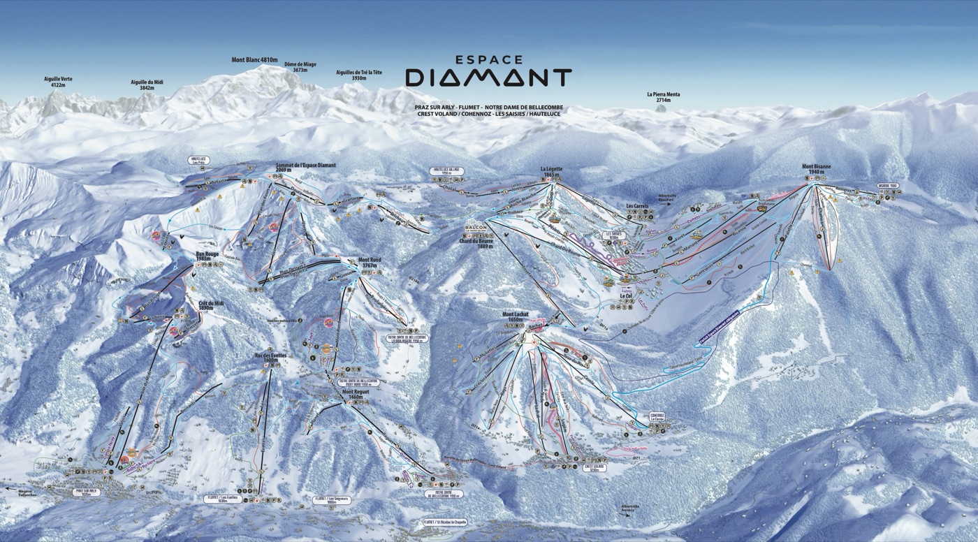 Official piste map for Espace Diamant, showing lifts, runs graded easy, intermediate and difficult, and mountain restaurants across the ski area.