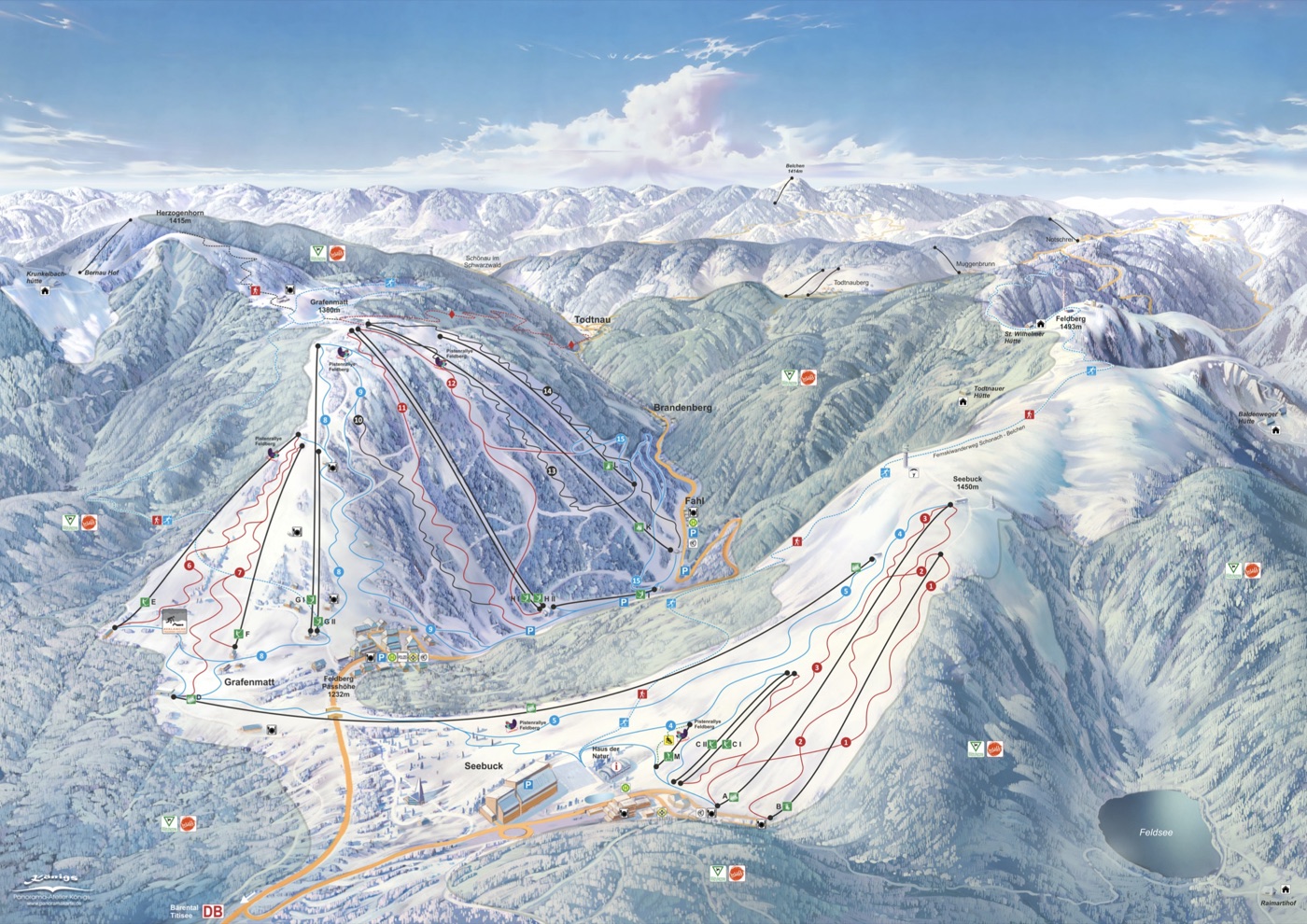 Official piste map for Feldberg, showing lifts, runs graded easy, intermediate and difficult, and mountain restaurants across the ski area.