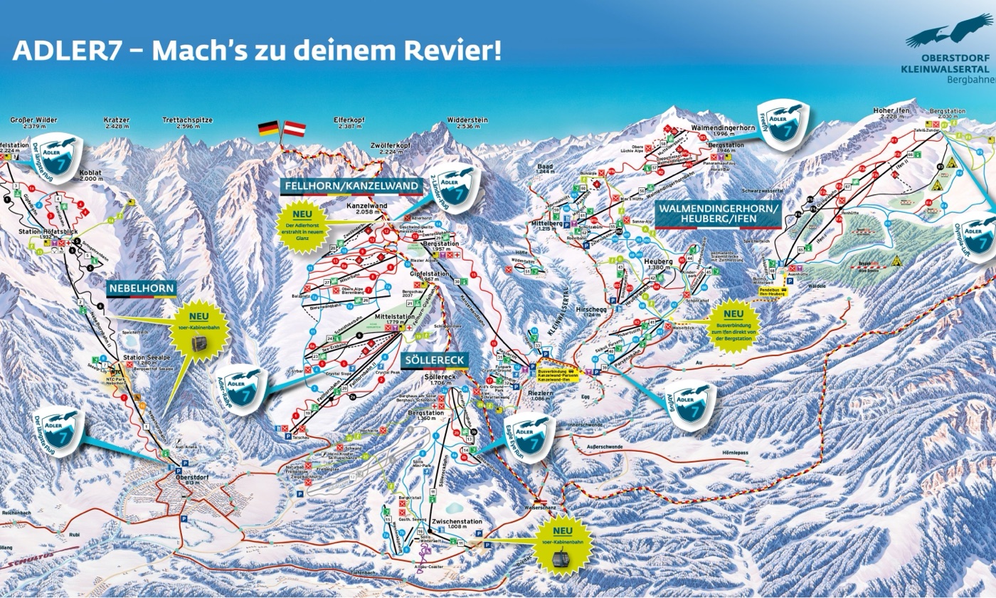 Official piste map for Fellhorn/Kanzelwand, showing lifts, runs graded easy, intermediate and difficult, and mountain restaurants across the ski area.