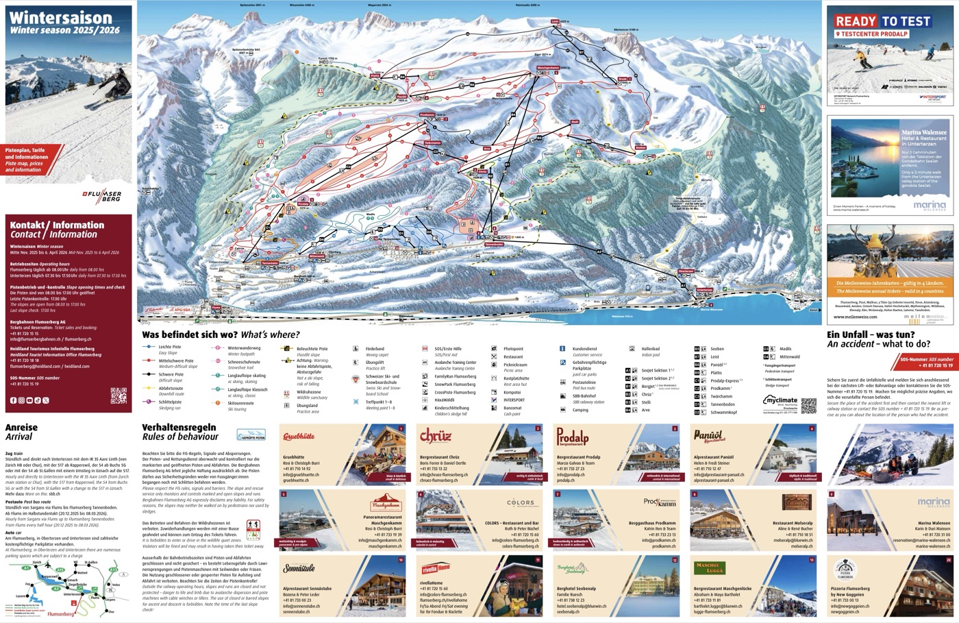 Official piste map for Flumserberg, showing lifts, runs graded easy, intermediate and difficult, and mountain restaurants across the ski area.