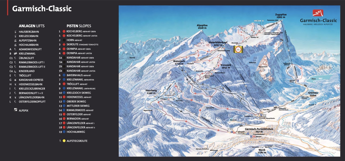 Official piste map for Garmisch-Classic, showing lifts, runs graded easy, intermediate and difficult, and mountain restaurants across the ski area.