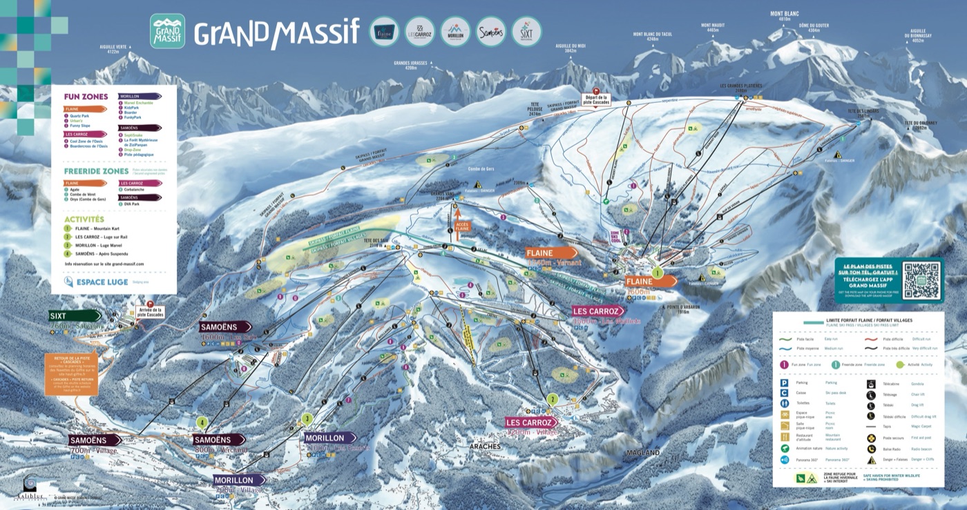 Official piste map for Le Grand Massif, showing lifts, runs graded easy, intermediate and difficult, and mountain restaurants across the ski area.