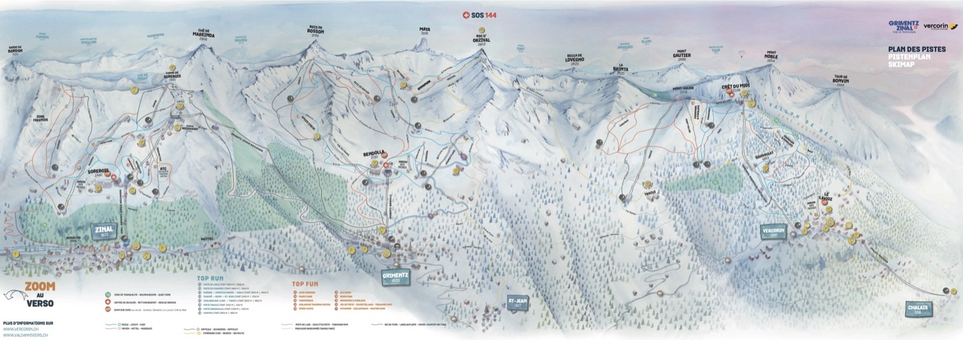 Official piste map for Grimentz-Zinal, showing lifts, runs graded easy, intermediate and difficult, and mountain restaurants across the ski area.