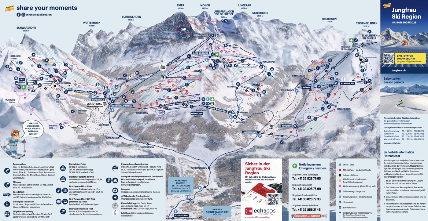 Official piste map for Grindelwald–Wengen, showing lifts, runs graded easy, intermediate and difficult, and mountain restaurants across the ski area.