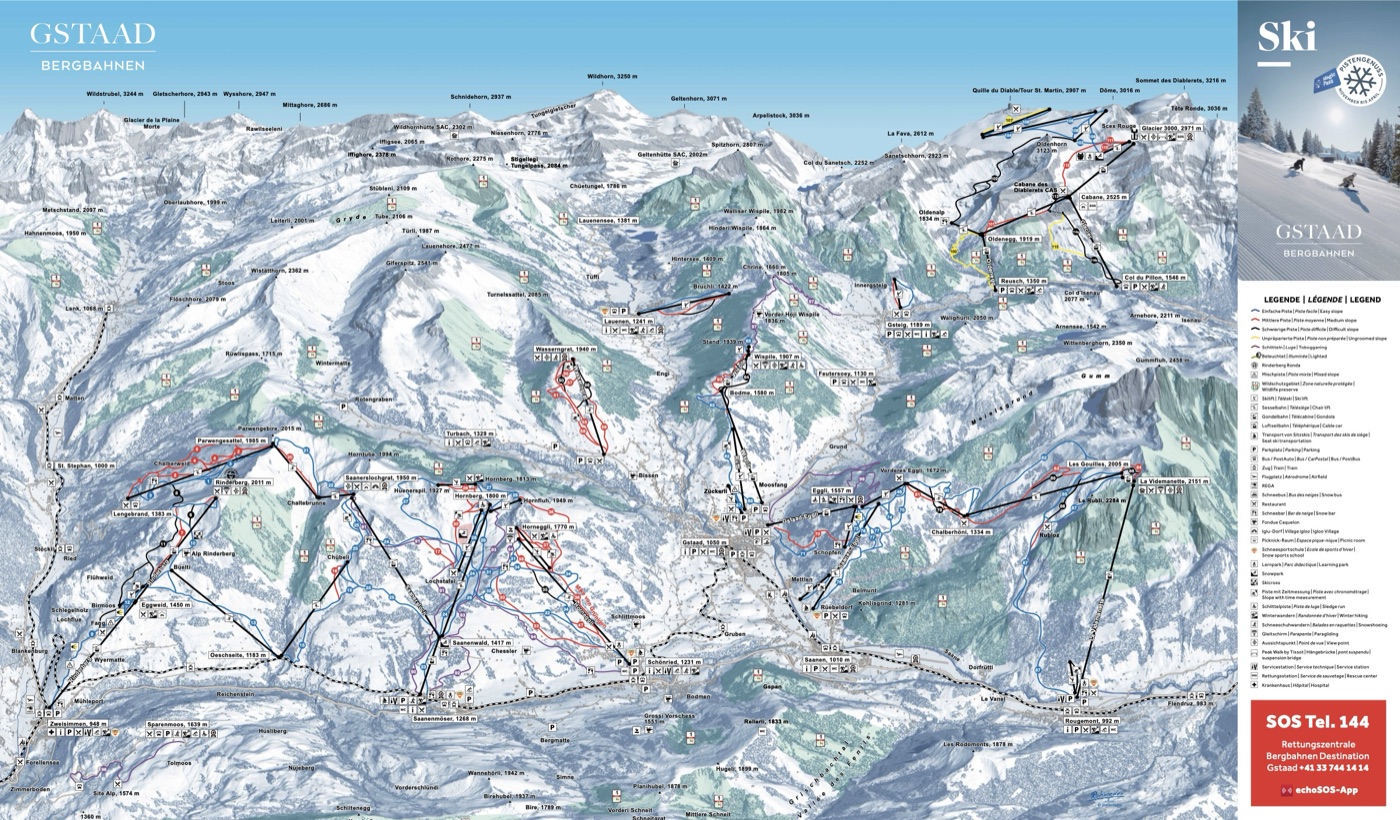 Official piste map for Gstaad – Saanenmöser, Schönried & Zweisimmen, showing lifts, runs graded easy, intermediate and difficult, and mountain restaurants across the ski area.