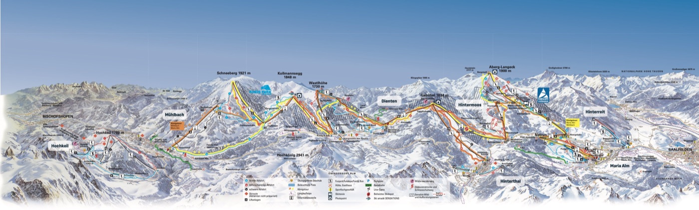 Official piste map for Hochkönig, showing lifts, runs graded easy, intermediate and difficult, and mountain restaurants across the ski area.