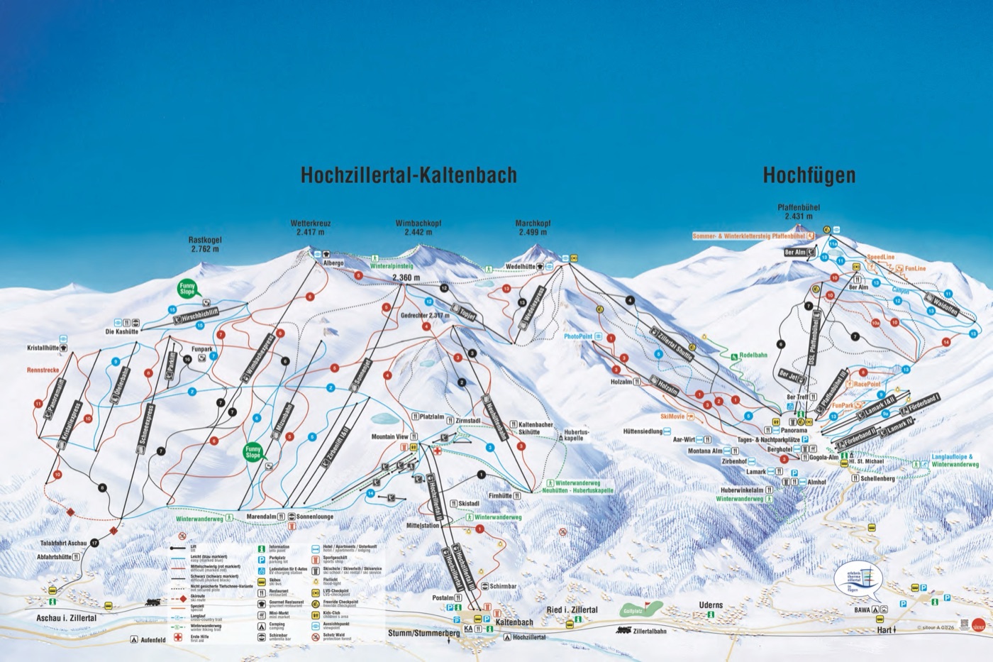 Official piste map for Hochzillertal-Hochfügen, showing lifts, runs graded easy, intermediate and difficult, and mountain restaurants across the ski area.