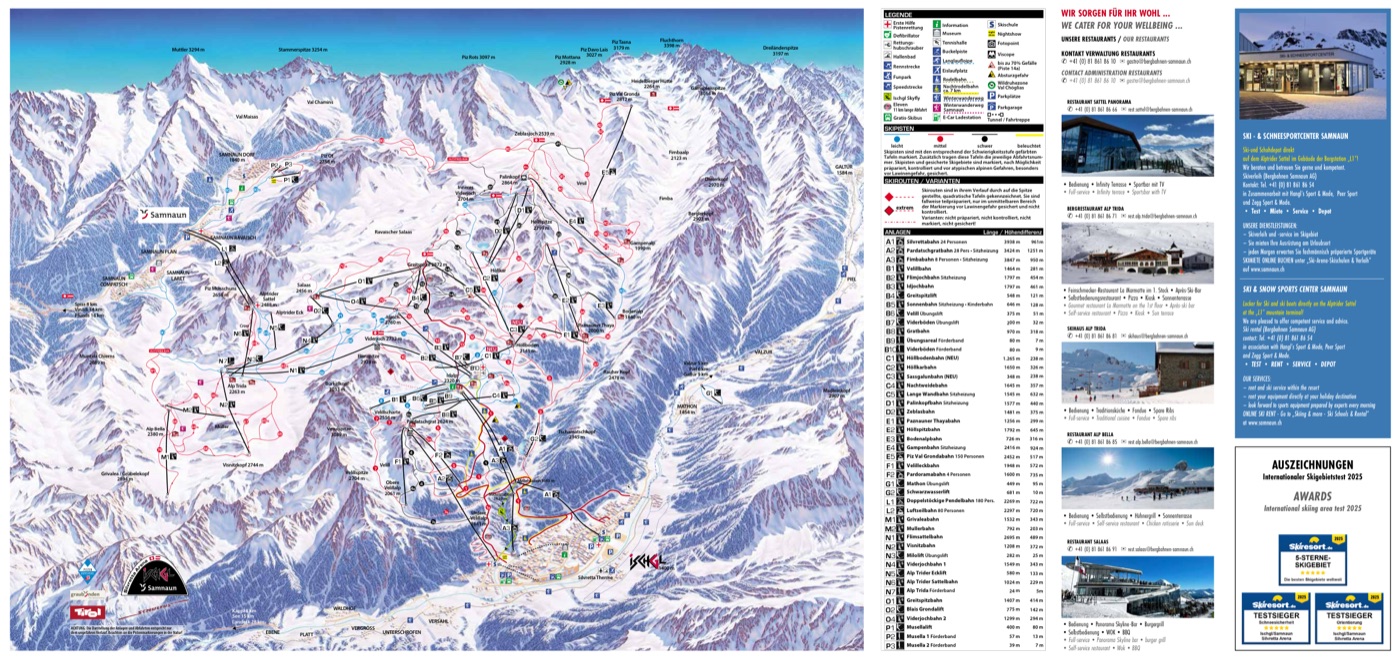 Official piste map for Ischgl, showing lifts, runs graded easy, intermediate and difficult, and mountain restaurants across the ski area.