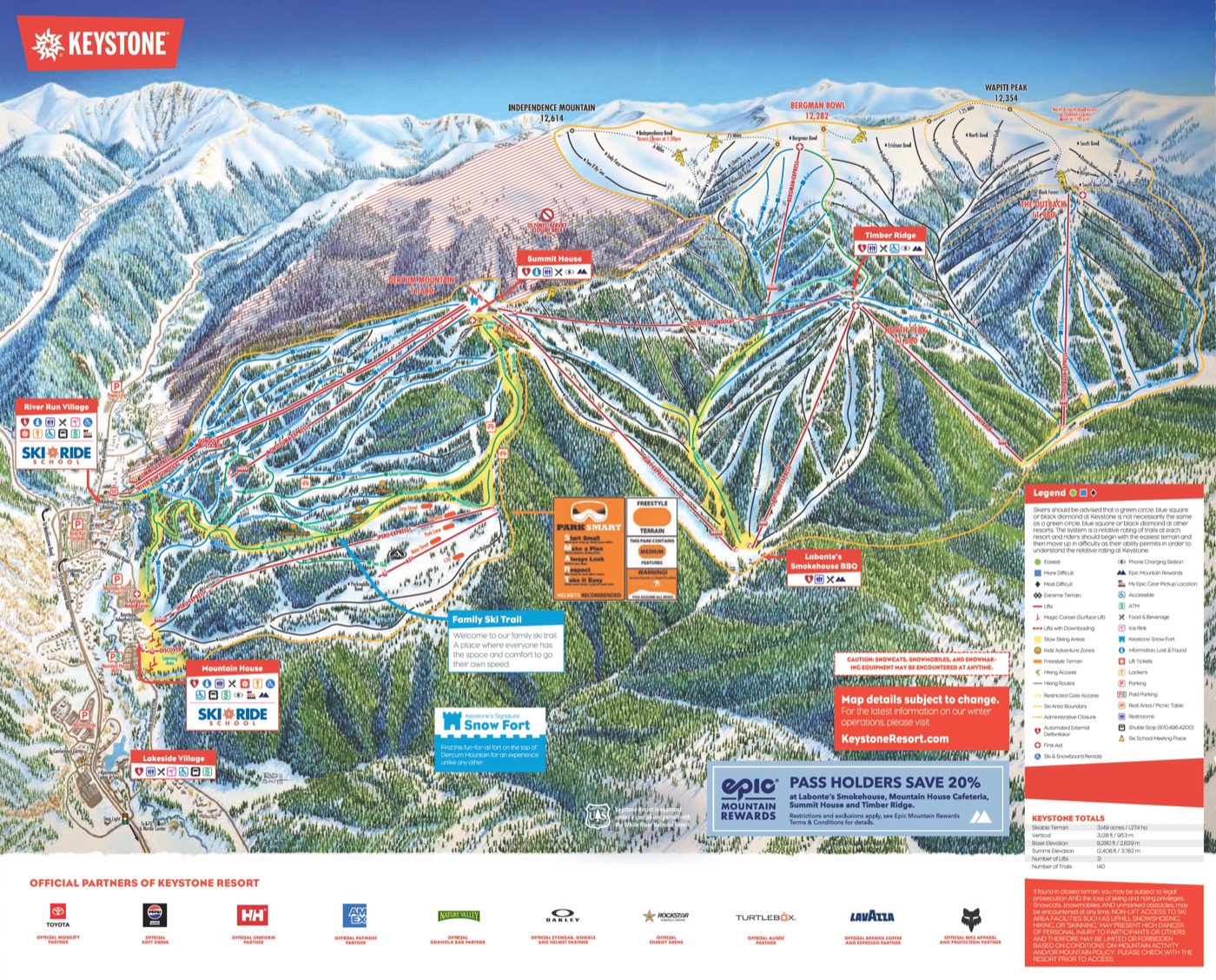 Official piste map for Keystone, showing lifts, runs graded easy, intermediate and difficult, and mountain restaurants across the ski area.