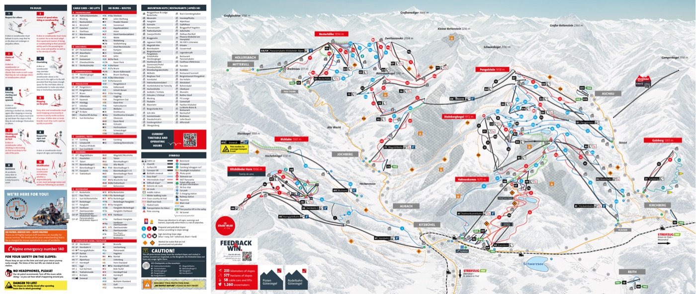 Official piste map for KitzSki (Kitzbühel / Kirchberg), showing lifts, runs graded easy, intermediate and difficult, and mountain restaurants across the ski area.