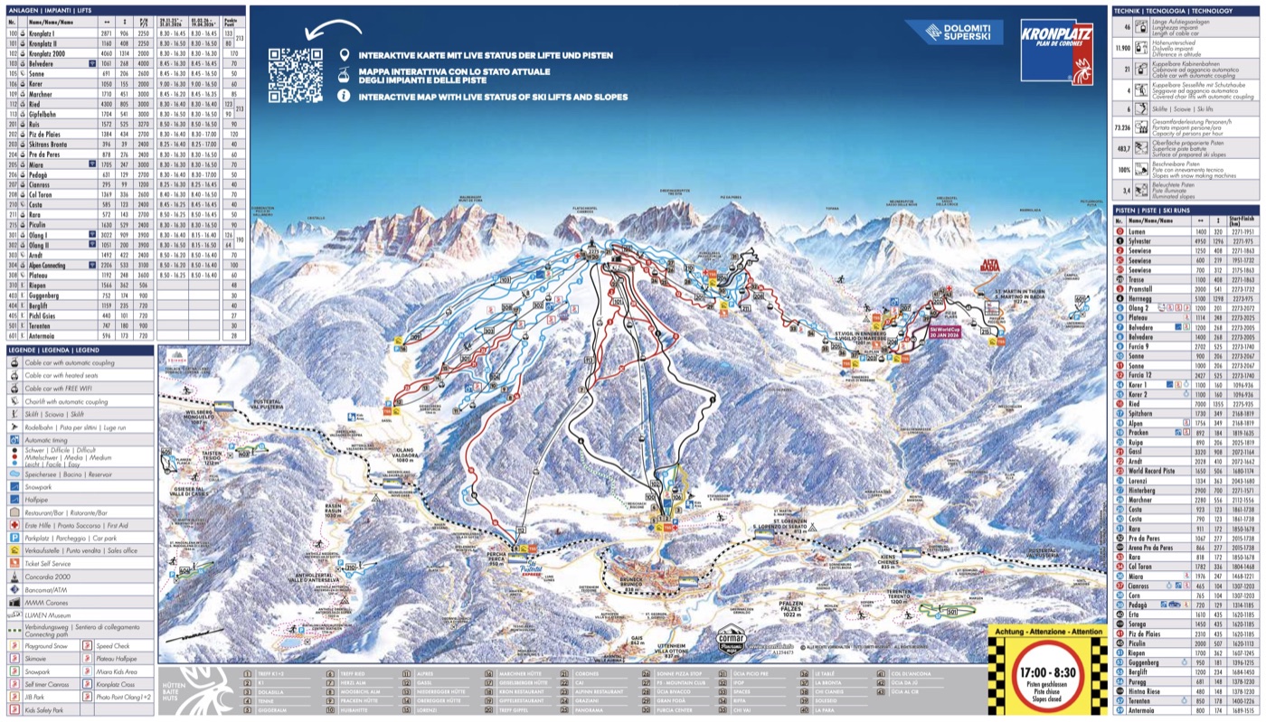 Official piste map for Kronplatz, showing lifts, runs graded easy, intermediate and difficult, and mountain restaurants across the ski area.