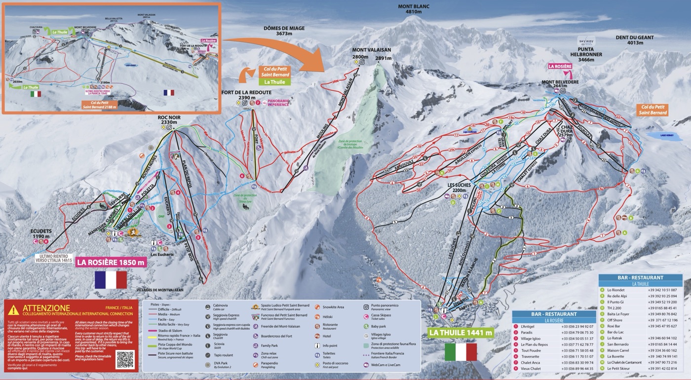 Official piste map for La Thuile, showing lifts, runs graded easy, intermediate and difficult, and mountain restaurants across the ski area.