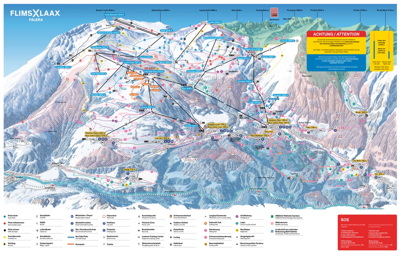 Official piste map for LAAX, showing lifts, runs graded easy, intermediate and difficult, and mountain restaurants across the ski area.