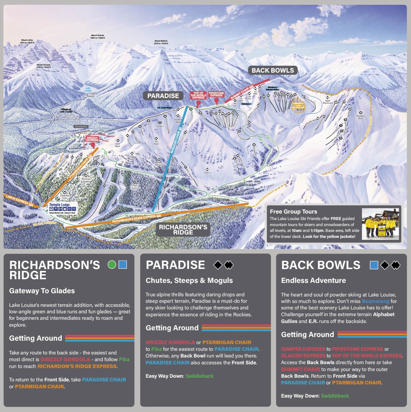 Official piste map for Lake Louise Ski Resort, Back Bowls & West Bowl, showing lifts, runs graded easy, intermediate and difficult, and mountain restaurants across the ski area.
