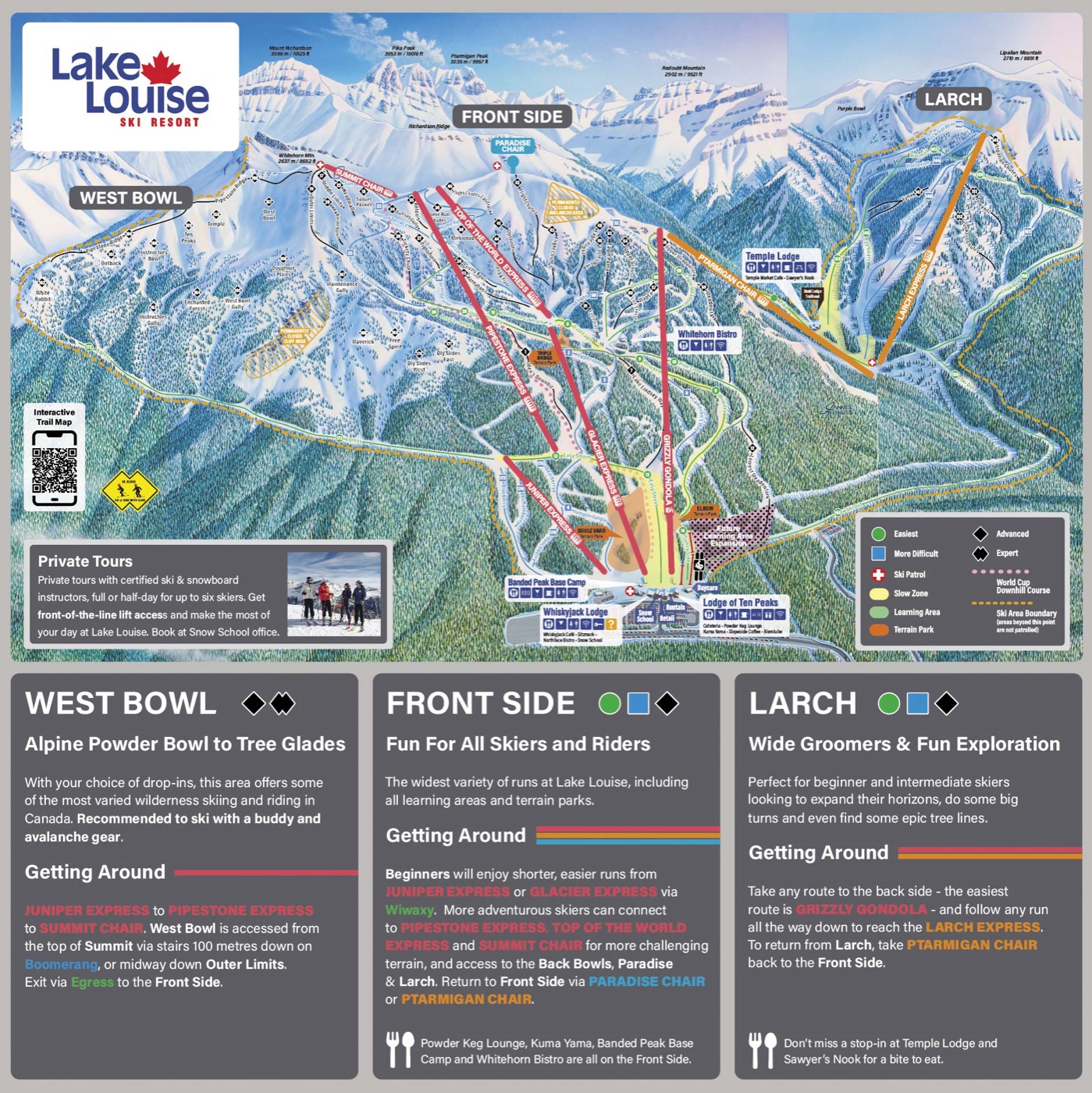 Official piste map for Lake Louise Ski Resort, Front Side & Larch, showing lifts, runs graded easy, intermediate and difficult, and mountain restaurants across the ski area.