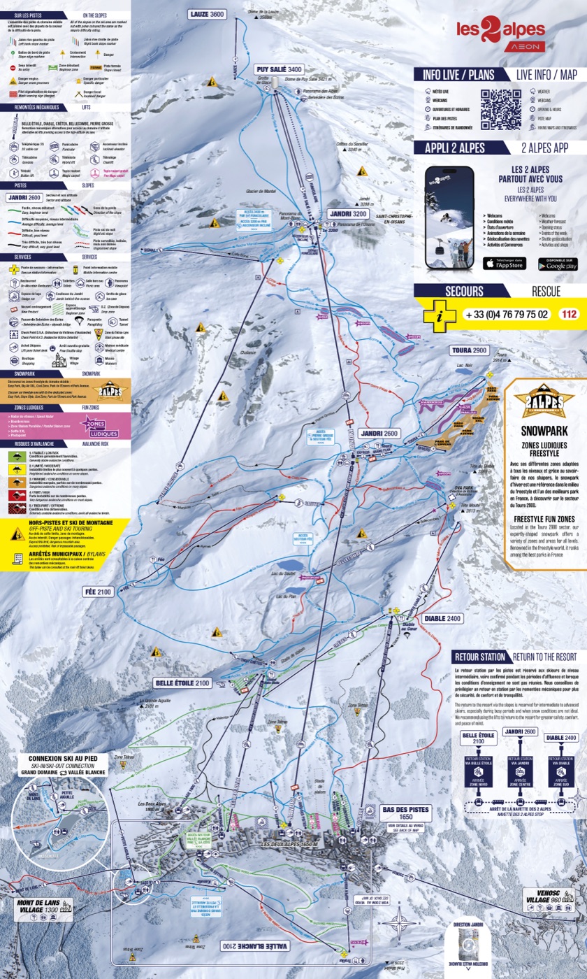 Official piste map for Les 2 Alpes, showing lifts, runs graded easy, intermediate and difficult, and mountain restaurants across the ski area.