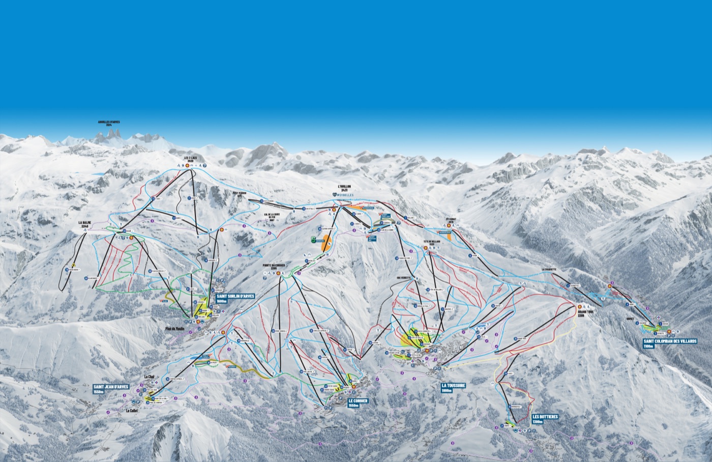 Official piste map for Les Sybelles, showing lifts, runs graded easy, intermediate and difficult, and mountain restaurants across the ski area.