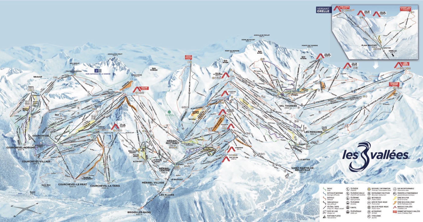 Official piste map for Les 3 Vallées, showing lifts, runs graded easy, intermediate and difficult, and mountain restaurants across the ski area.