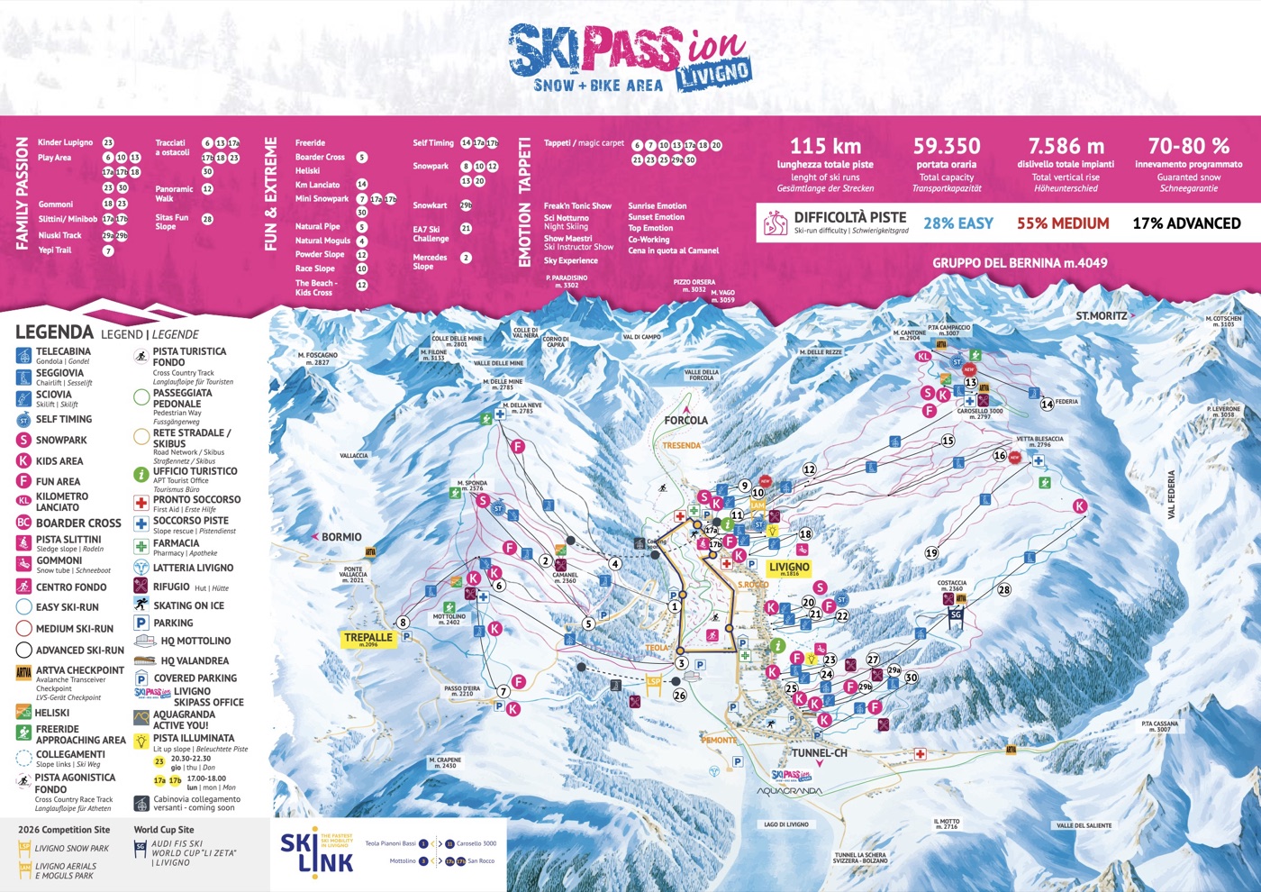 Official piste map for Livigno, showing lifts, runs graded easy, intermediate and difficult, and mountain restaurants across the ski area.