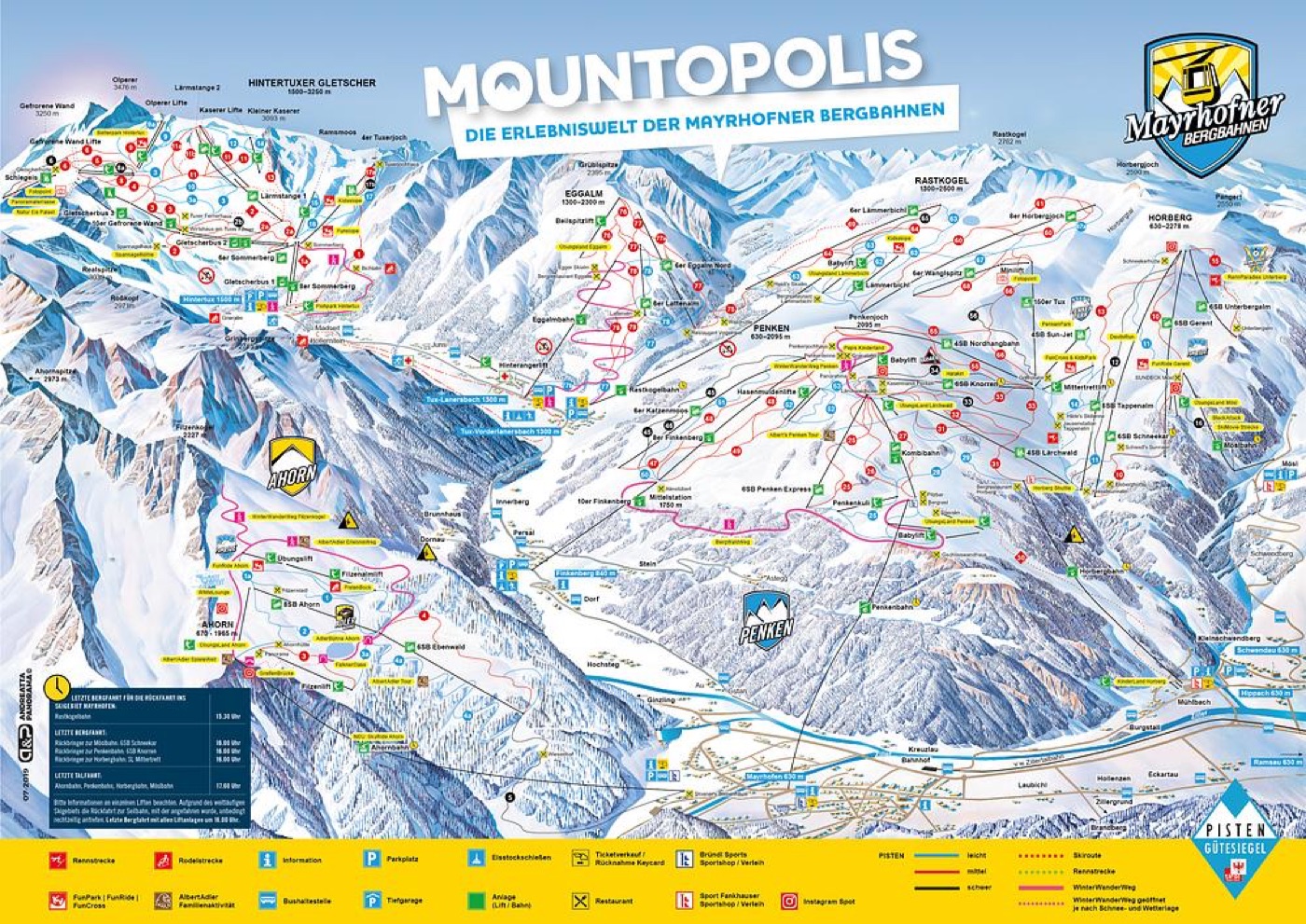 Official piste map for Mayrhofen, showing lifts, runs graded easy, intermediate and difficult, and mountain restaurants across the ski area.