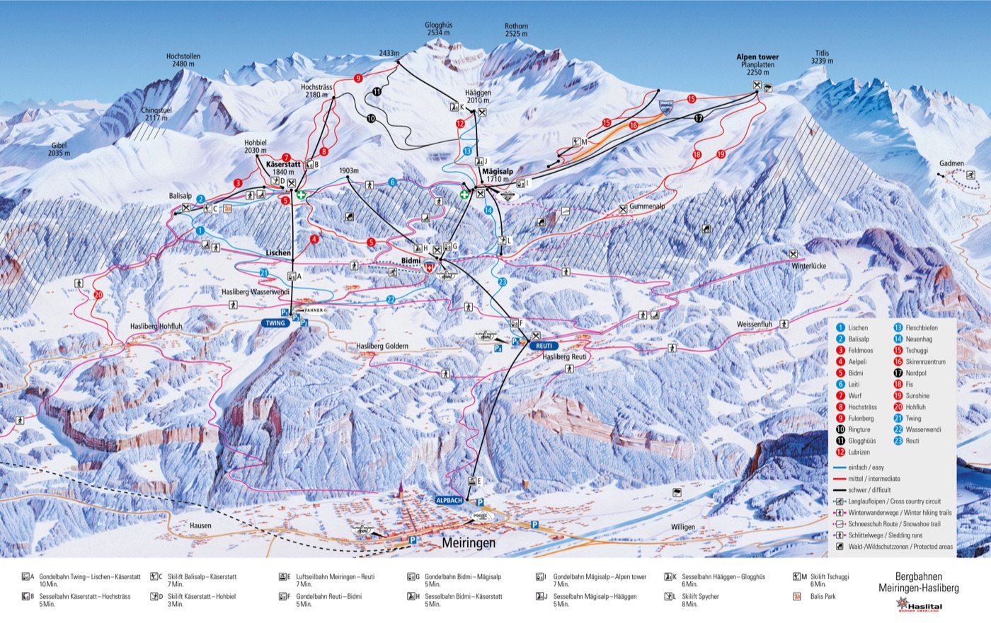 Official piste map for Meiringen-Hasliberg, showing lifts, runs graded easy, intermediate and difficult, and mountain restaurants across the ski area.
