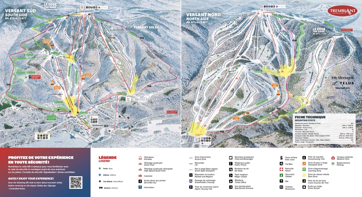 Official piste map for Mont-Tremblant, showing lifts, runs graded easy, intermediate and difficult, and mountain restaurants across the ski area.