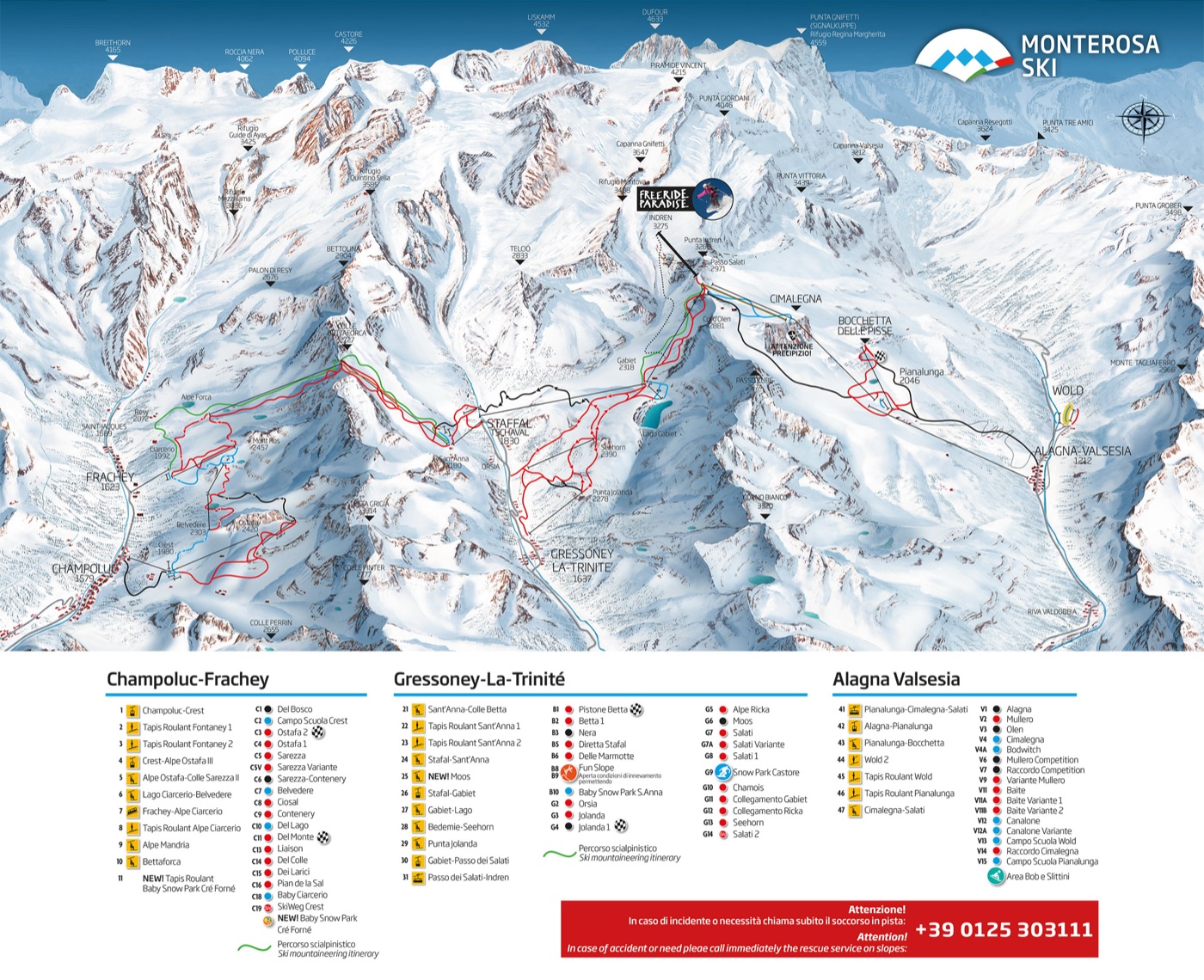 Official piste map for Monterosa Ski, showing lifts, runs graded easy, intermediate and difficult, and mountain restaurants across the ski area.