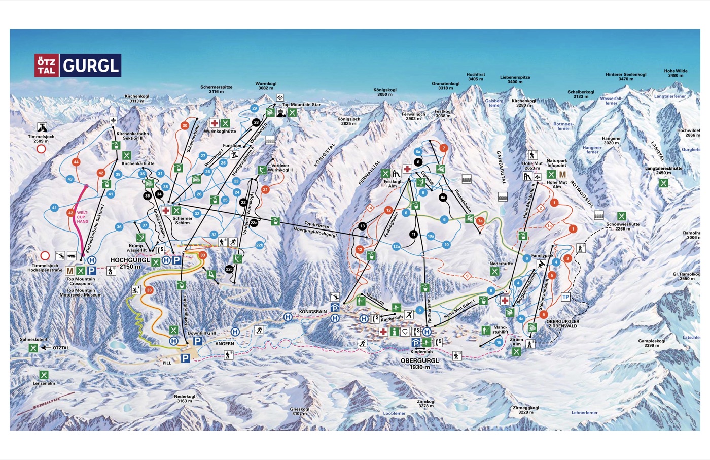 Official piste map for Obergurgl-Hochgurgl, showing lifts, runs graded easy, intermediate and difficult, and mountain restaurants across the ski area.