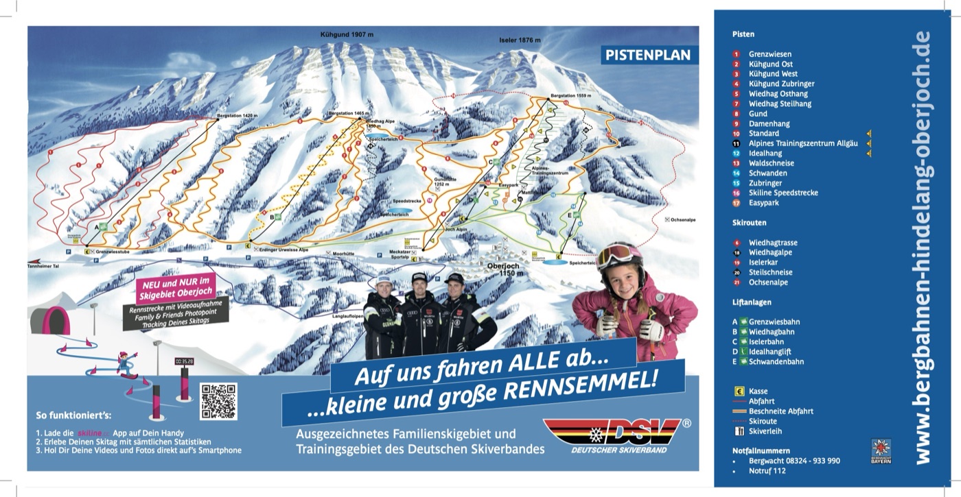 Official piste map for Oberjoch, showing lifts, runs graded easy, intermediate and difficult, and mountain restaurants across the ski area.
